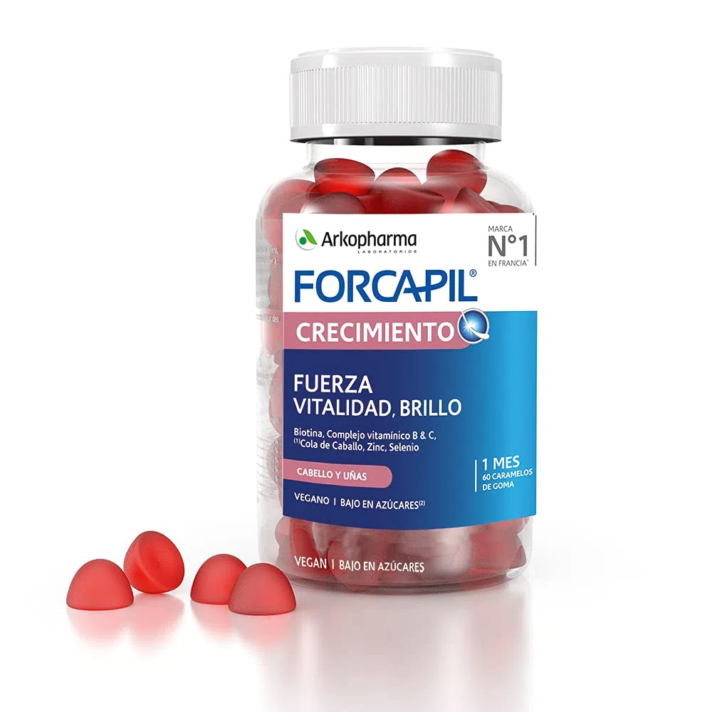 Arkopharma Forcapil Croissance, 60 gummies, Caramètres en caoutchouc Saveur fruits Rouge, Force, Vitalité et Brillant, Haute Concentration en biotine, Vitamine B et C, complément alimentaire