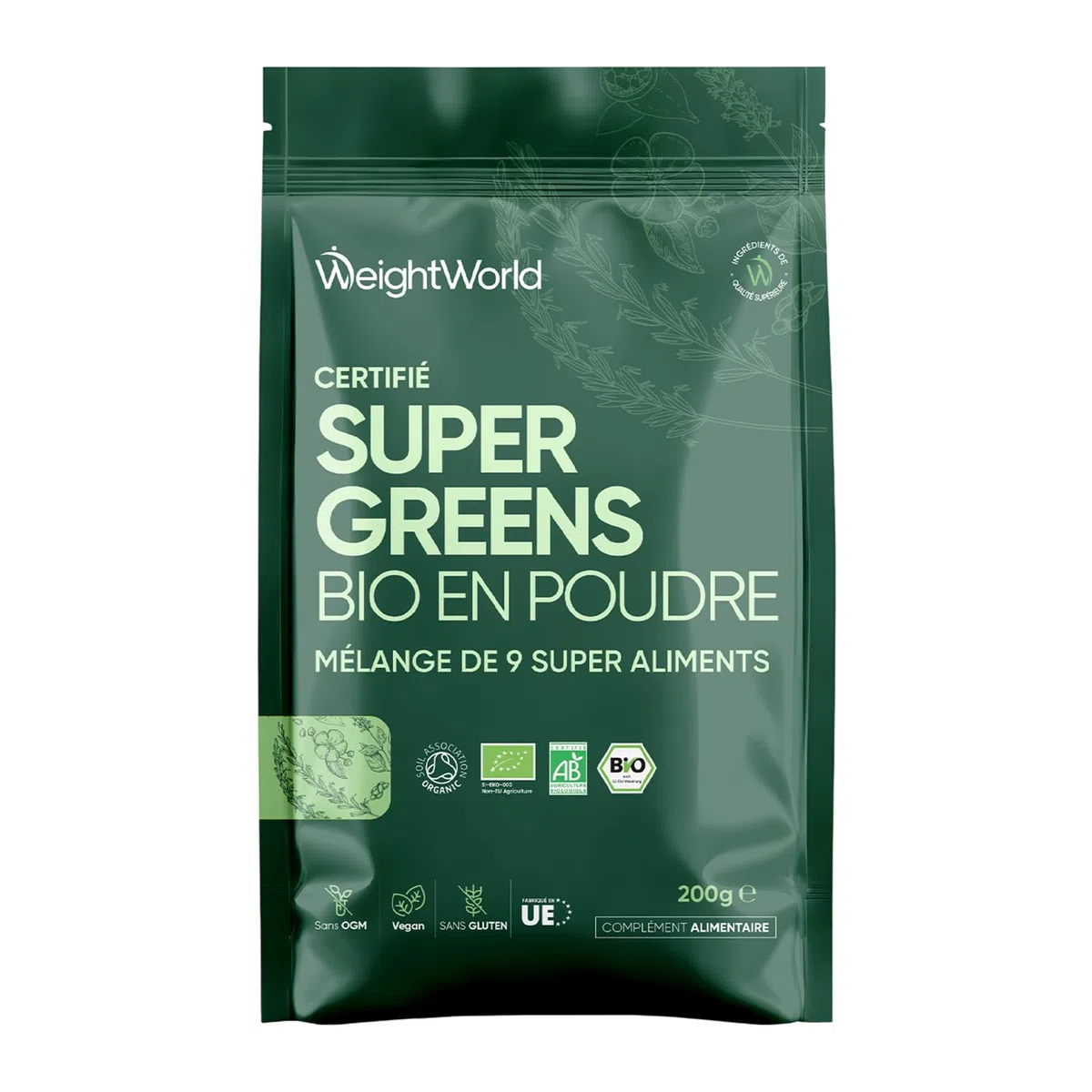 Super Green Poudre Bio 200g 40 Portions 9 Superfood Greens, Matcha Bio, Poudre de Maca, Guarana, Chlorella Bio, Baobab, Herbe de Blé, Acai, Orge, Graines de Lin Bio, Source de Vitamines & Minéraux