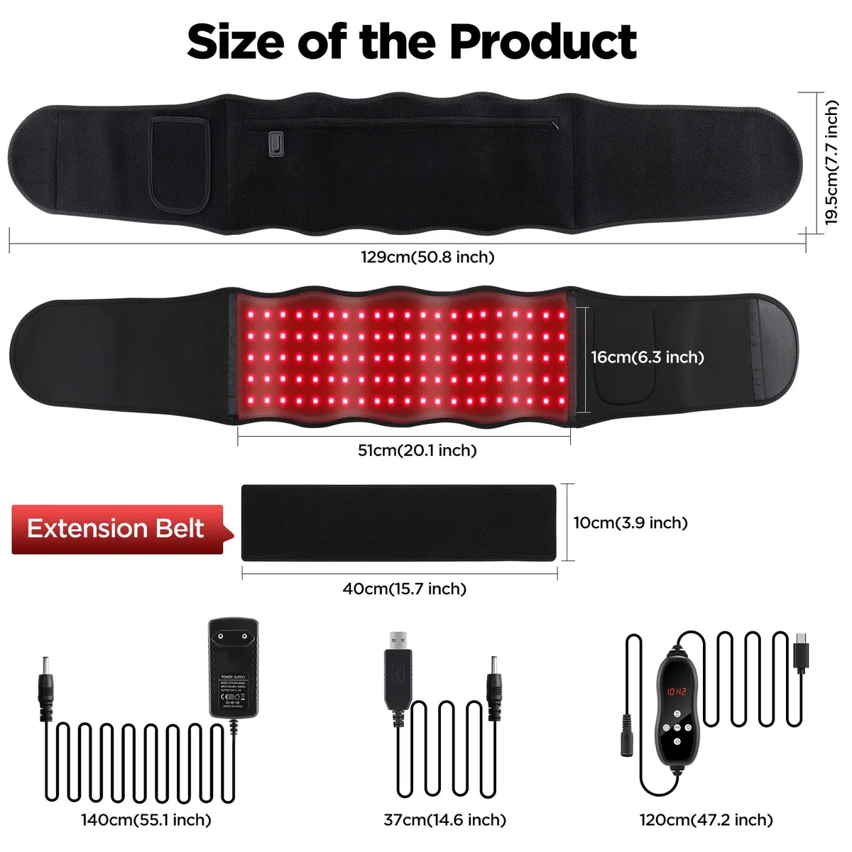 Ceinture De Massage À Lumière Rouge, Lumière Rouge 660nm & Lumière Proche Infrarouge 850nm, Ceinture Taille Avec 6 Réglages Temporels, 3 Modes Lumineux, 5 Niveaux De Massage, 2 Modes D'alimentation