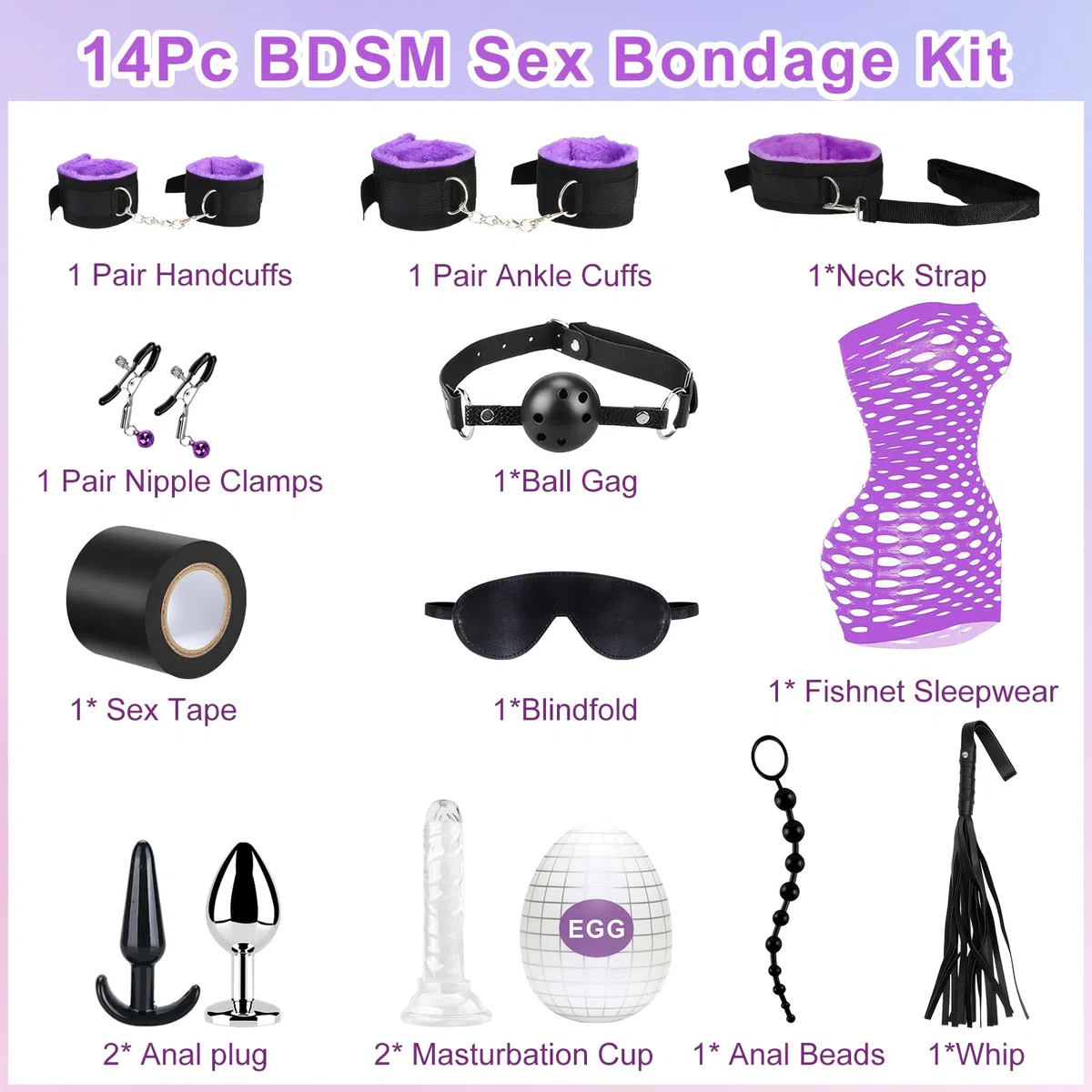 Ninonly Kits de Bondage 14 Pièces BDSM Adultes Toy Parfait pour Les Débutants Menottes SM avec Masque pour Les Yeux et Sex Toys Erotiques pour Couple Jouets Sexuels Adulte Retenue et Bondage Violet