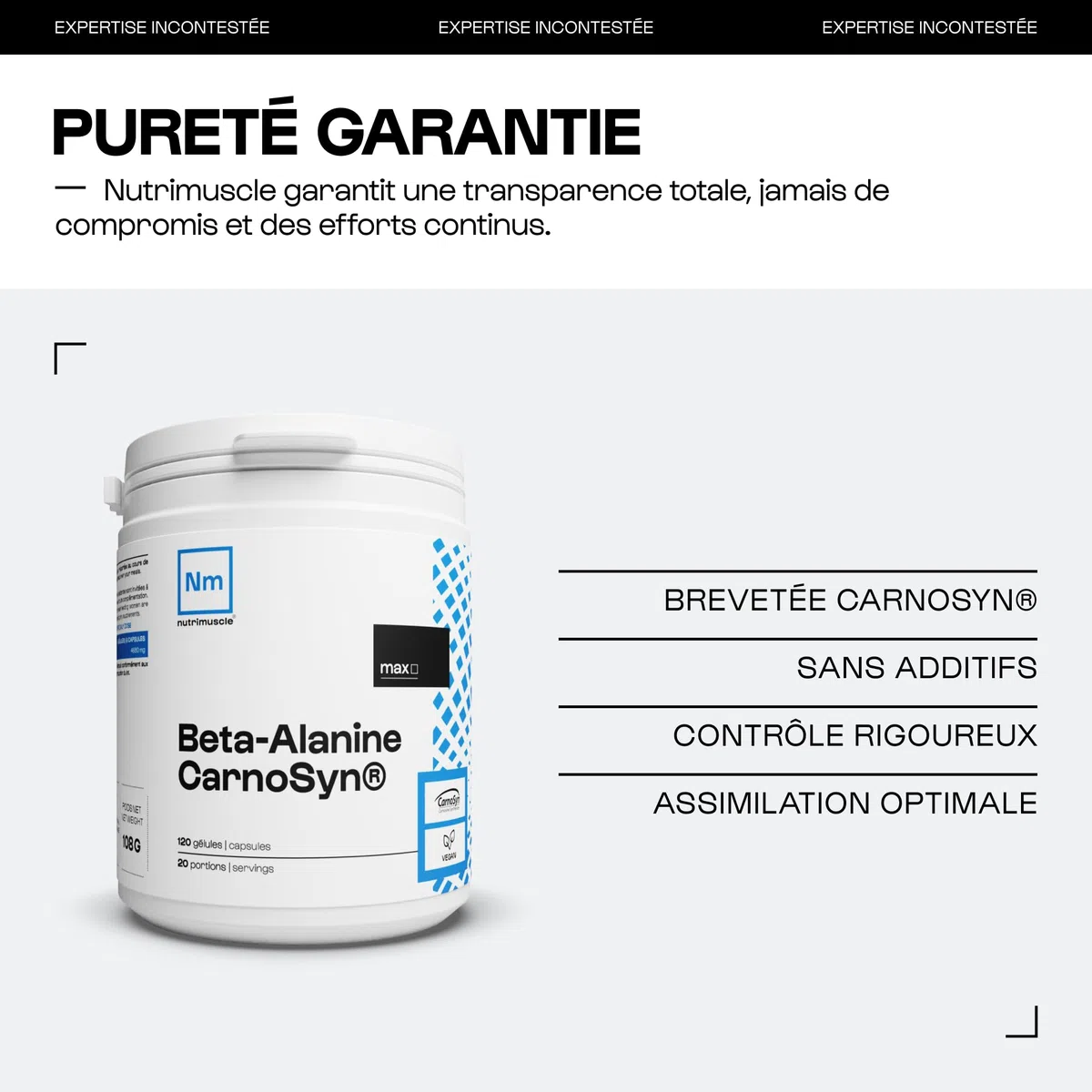 Nutrimuscle Bêta-Alanine Carnosyn 120 Gélules | 100% Pure - 4680 mg par dose - Booster Force et Endurance - Musculation et Fitness - Idéal en Pre Workout - Vegan
