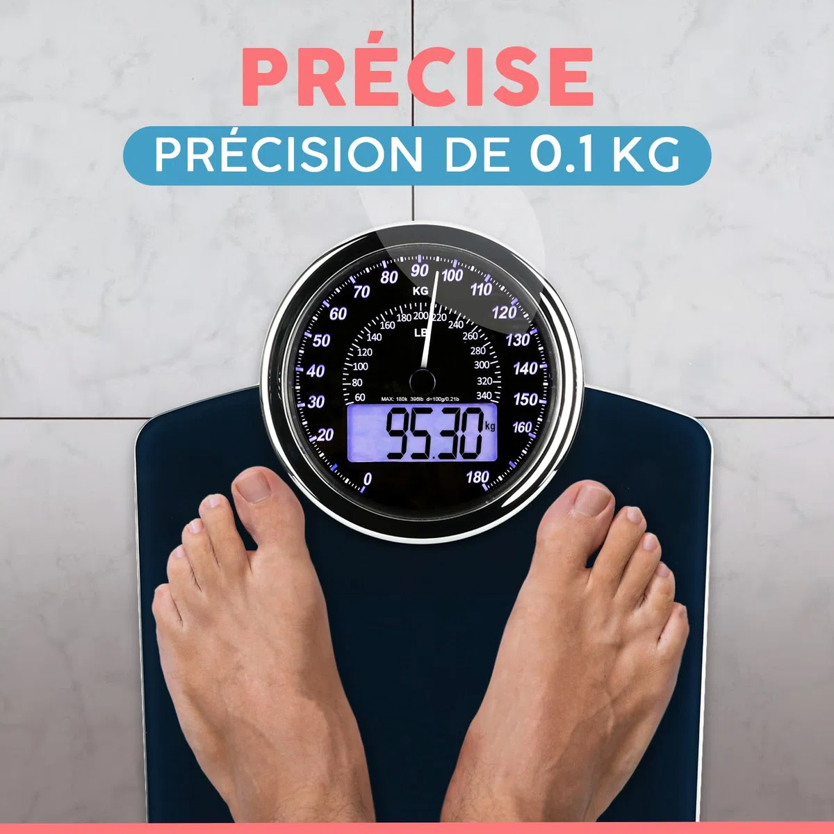 Hybrid Pèse-Personne - Analogique & Digital, Précis jusqu'à 180 kg | Lisez votre poids sur cadran analogique et LCD en même temps. Large plateau, 3 piles AAA incluses, prêt à l'emploi.
