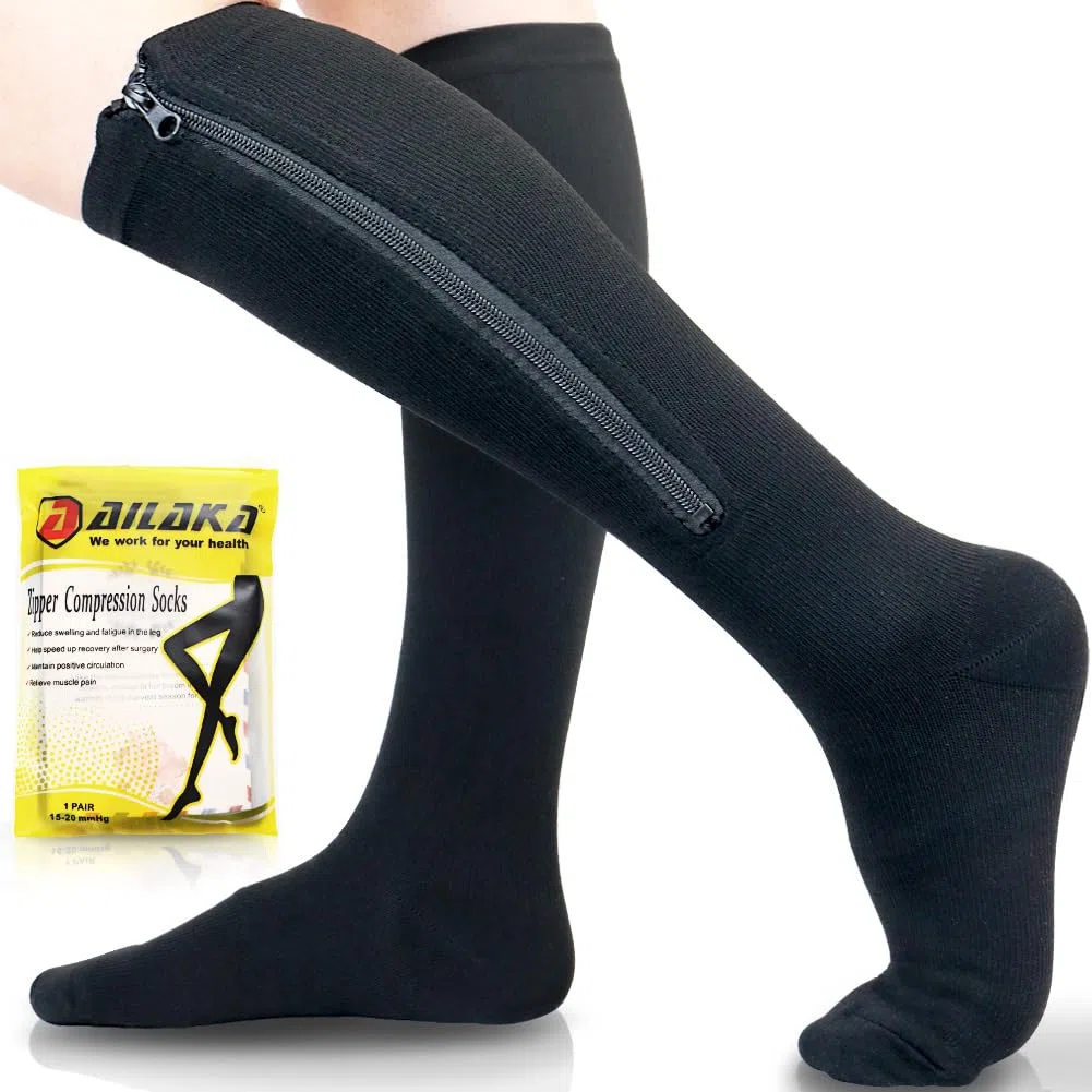 Ailaka Chaussettes de Compression Zippées Médicales Homme & Femme, 15-20mmhg Bas De Contention Classe 1 Medicale Soutien Graduel Bas De Compression, Indiqué pour Les Varices, Oedème