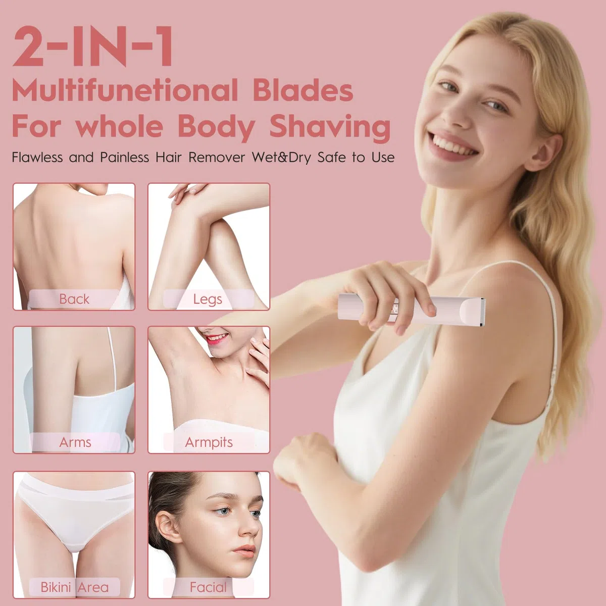 2 in 1 Rasoir Electrique Femme, Tondeuse Femme Intime, IPX7 Étanche Rasoir Femme, utilisation humide et sèche pour le visage, les aisselles, les jambes (Rose)