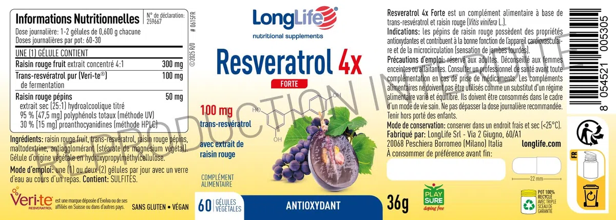 LongLife® Resveratrol 4x Forte | Trans-resvératrol pur (Veri-te™) et raisin rouge | Cœur et circulation | Jambes légères | 60 gélules | Végan et sans gluten