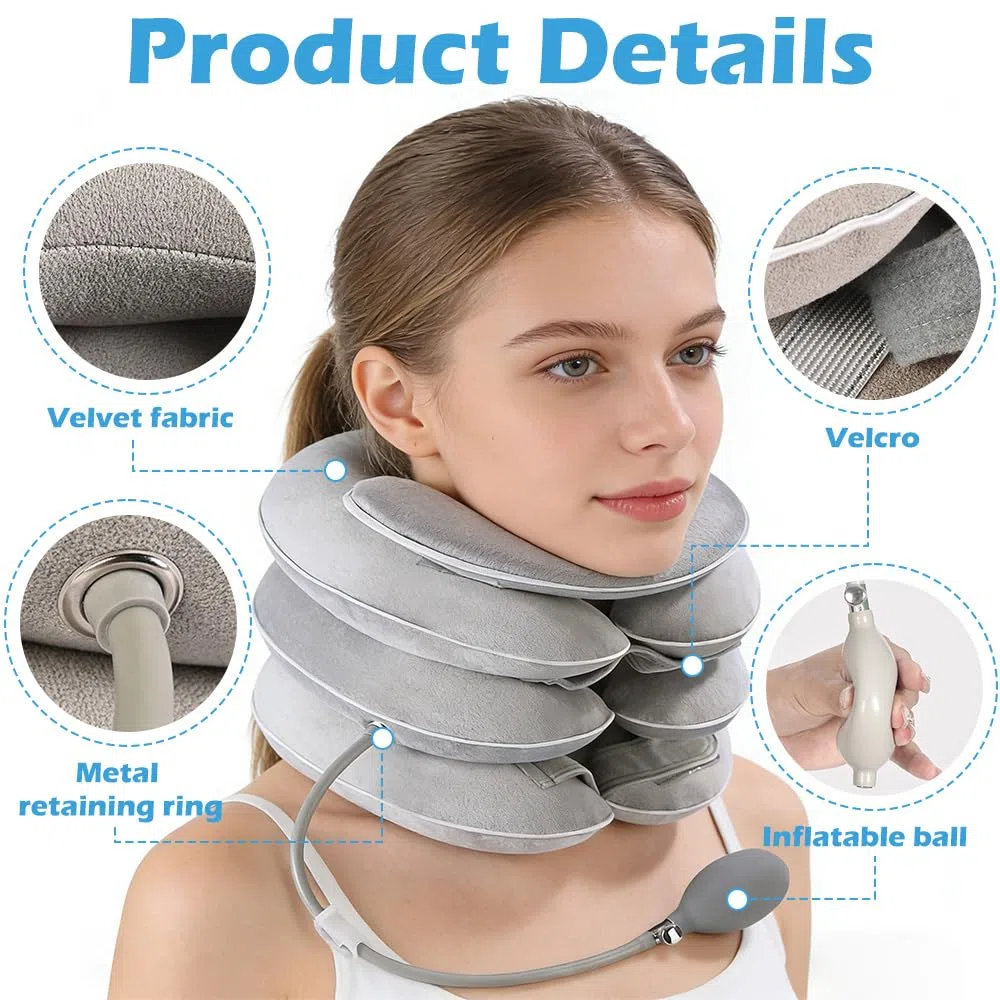 Étireur cervical gonflable, Soutien du cou avec conception d'étirement à 3 niveaux et support mentonnier, Oreiller cervical gonflable, Minerve pour le soulagement des douleurs chroniques (Gris clair)