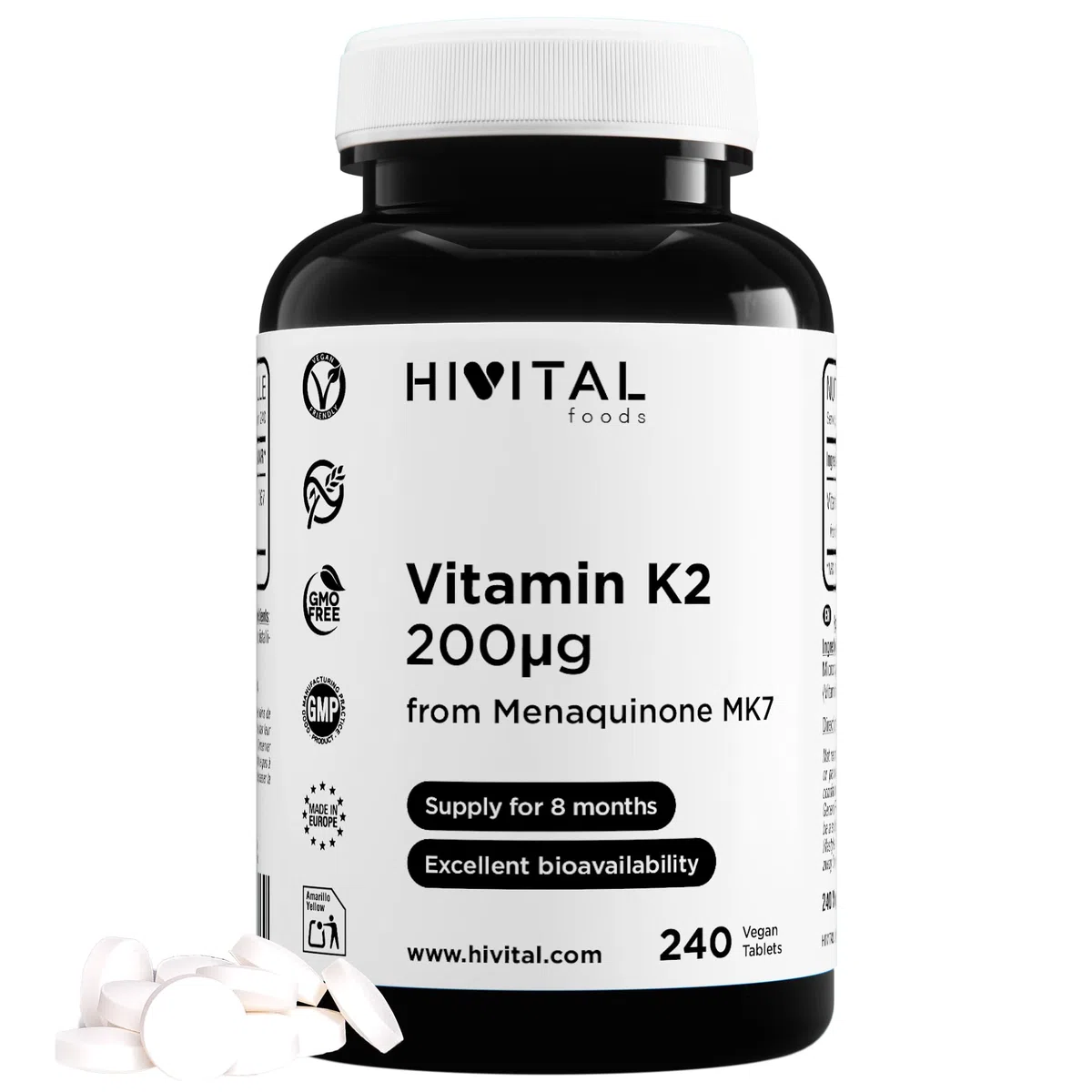 Vitamine K2 MK7 200 mcg. 240 comprimés végétaliens de vitamine K pour 8 mois de traitement. 200 mcg de vitamine K2 Menaquinone MK-7. Fabriqué en Europe par HIVITAL