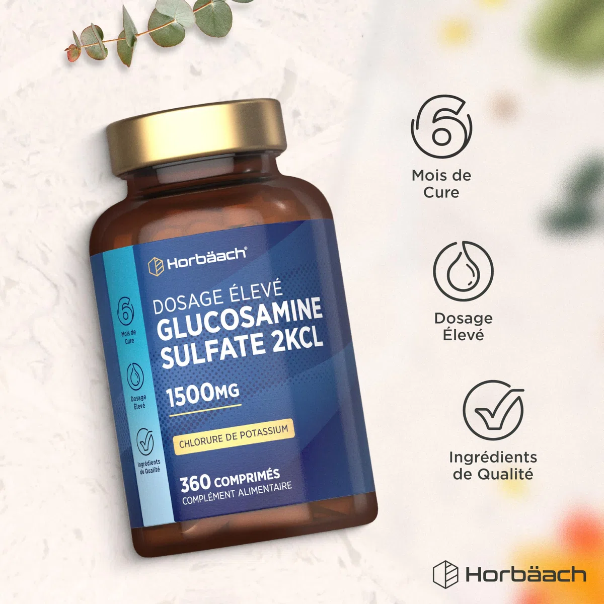Glucosamine Sulfate 1500mg 2KCl | 360 Comprimés | Complément Alimentaire à Haute Dose | Glucosamine Sulphate Supplement | by Horbaach