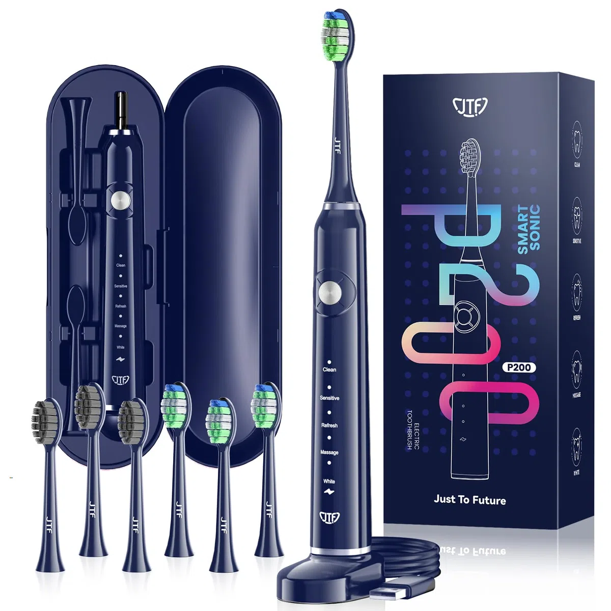 JTF Brosse À Dent Électrique Sonique Adultes avec 6 Têtes de Brosse et Étui de Voyage, Chargeur Rapide sans Fil et Longue Durée, 5 Modes et Minuteur Intelligent, Brosse À Dent Voyage, P200 Bleu