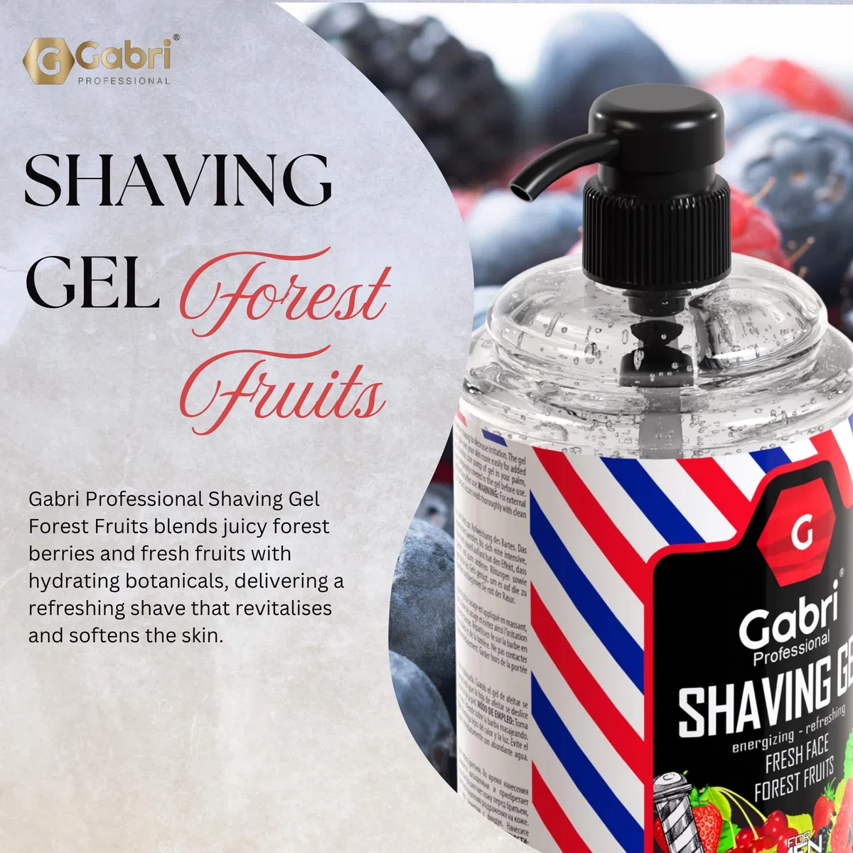 Gabri Gel à raser avec pompe Transparent 1000 ml | Expérience de rasage hydratante et lisse | Fresh Active Facile, Rafraîchissant, Smooth Shave (fruits de la forêt)