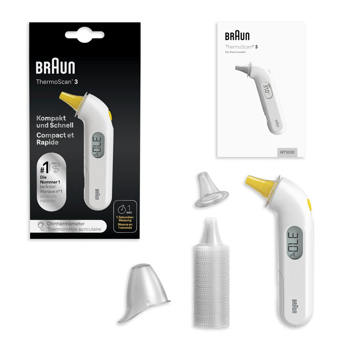 Braun ThermoScan 3 Thermomètre auriculaire | Mesure rapide en 1 seconde | Indicateur sonore de fièvre | Convient aux bébés et aux nourrissons | Marque #1 auprès des médecins(1) | IRT3030
