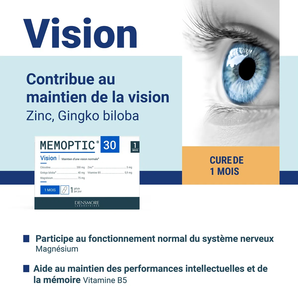 Densmore - MEMOPTIC Complément Alimentaire Mémoire et Vision à base de Citicoline (traitement Glaucome) - Ginkgo biloba Magnésium Vitamine B5 Zinc - 30 comprimés - Cure de 1 mois - Fabriqué en France
