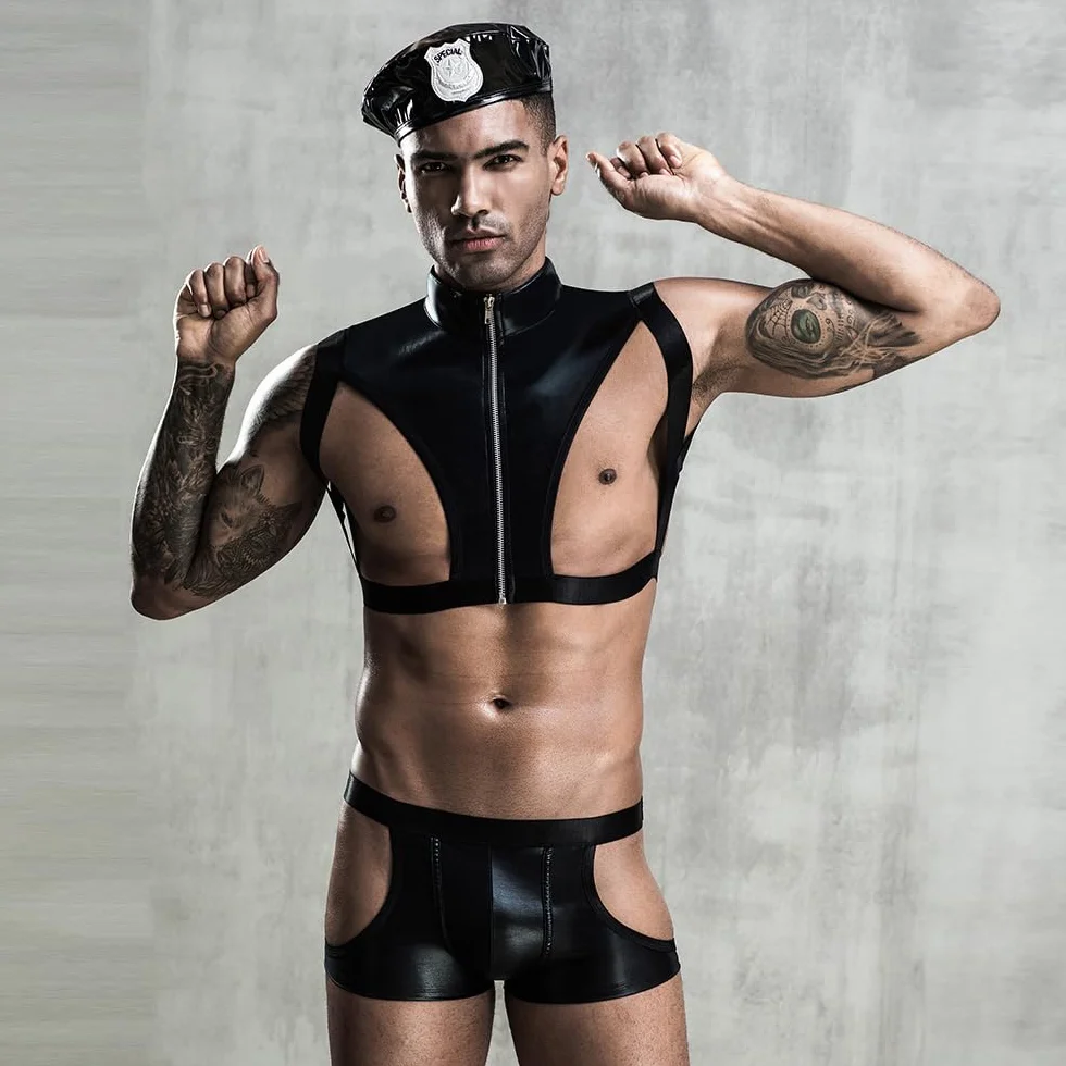 YUHENG Homme Mode Sexy Sous-vêtements Police Costume Costume Lingerie Lingerie Noir Taille L