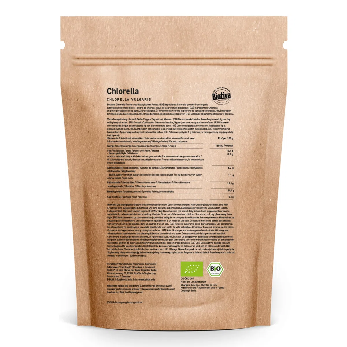 Chlorella en poudre bio 500g - Chlorella Vulgaris - Algues - Conditionné et contrôlé en Allemagne (DE-ÖKO-005)