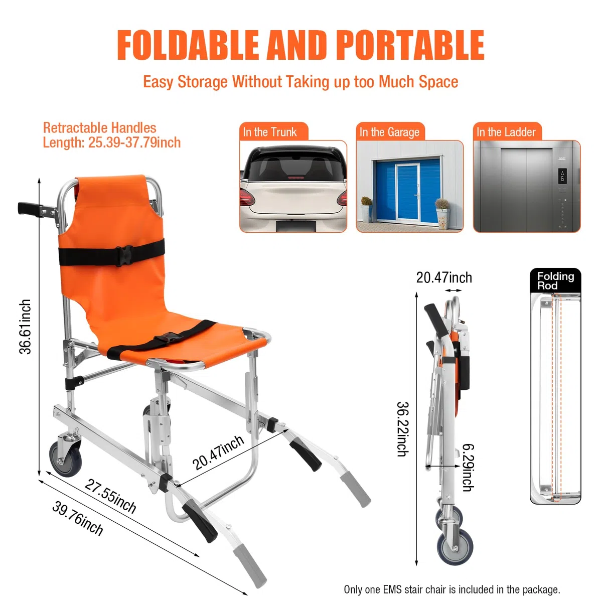 MINRS EMS Chaise d'escalier ambulance de pompier Chaise d'évacuation pliable Capacité 159 kg pour le transfert de patients ou de personnes à mobilité réduite