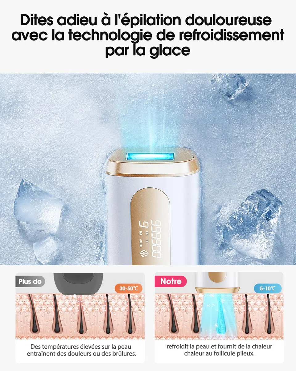 Haarlosy Épilateur Lumière Pulsée avec Refroidissement, IPL Épilateur Laser Indolore 3 en 1 [HR/SC/RA] pour Aisselles/Maillot/Corps, 2 Mode 9 Niveaux Lumière Pulsée Laser Épilation Définitif LCN1201