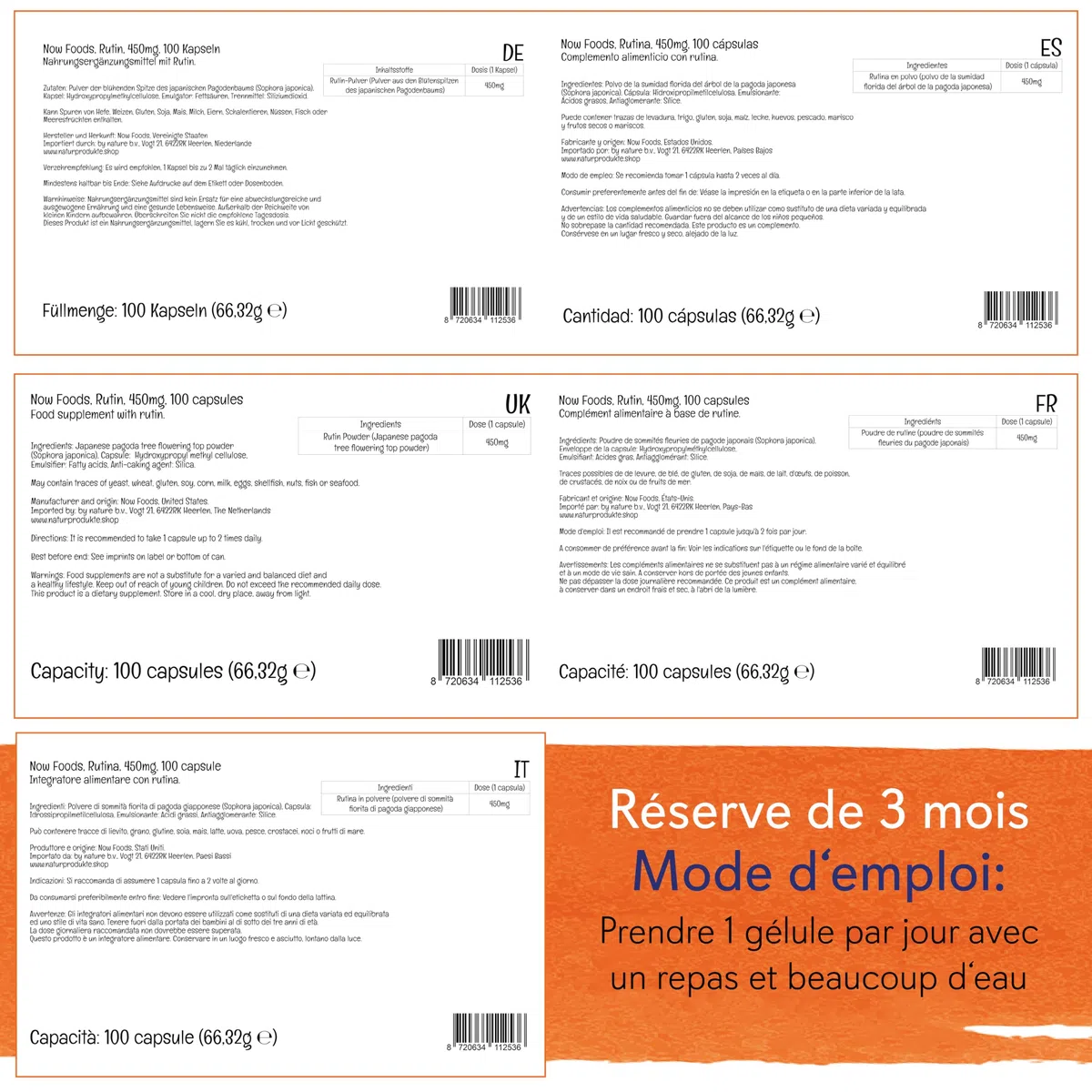 Now Foods, Rutin, 450 mg, 100 Gélules végétaliennes, Testé en Laboratoire, Bioflavonoïde, Sans Gluten, Sans Soja, Végétarien