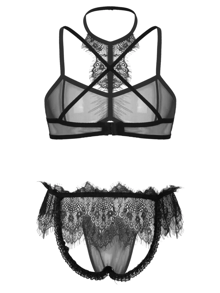 Ensembles Sissy Lingerie Hommes Soutien Gorge Transparen String Jockstrap Dentelle sous Vêtements Nightwear Noir XXL