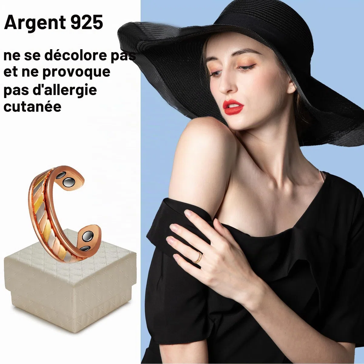 S925 Bague magnétique en argent pour l'arthrite 3500 gauss 4 aimants, soulage efficacement la douleur de l'arthrite et favorise la circulation sanguine, 2.3 pouces