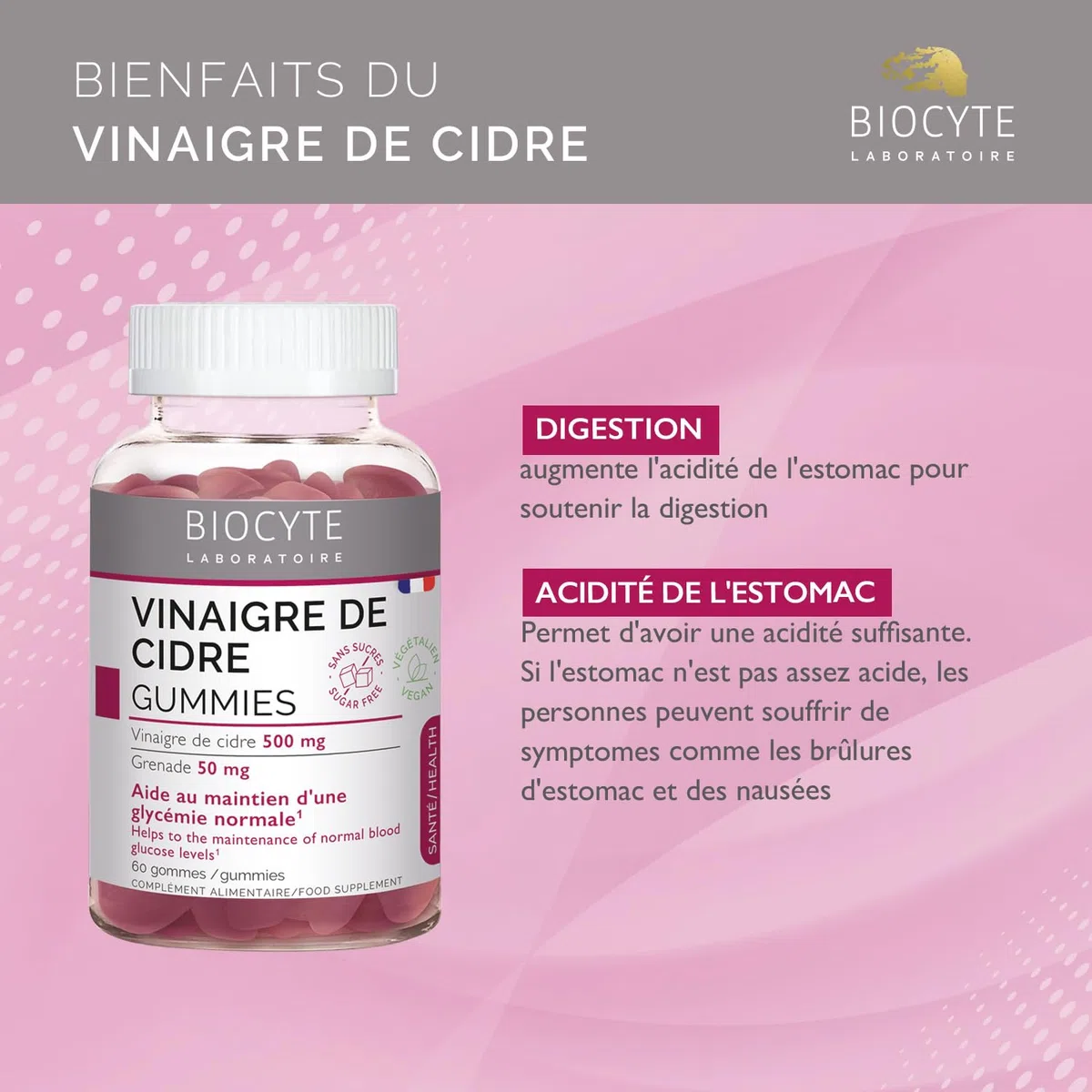 BIOCYTE Gummies Vinaigre de Cidre de Pomme - Complément alimentaire Digestion, Taux de Sucre - Vinaigre de Cidre, Grenade, Chrome, Vitamines B6, B9, B12 - Goût Pomme - 60 gummies - 30 jours de prise