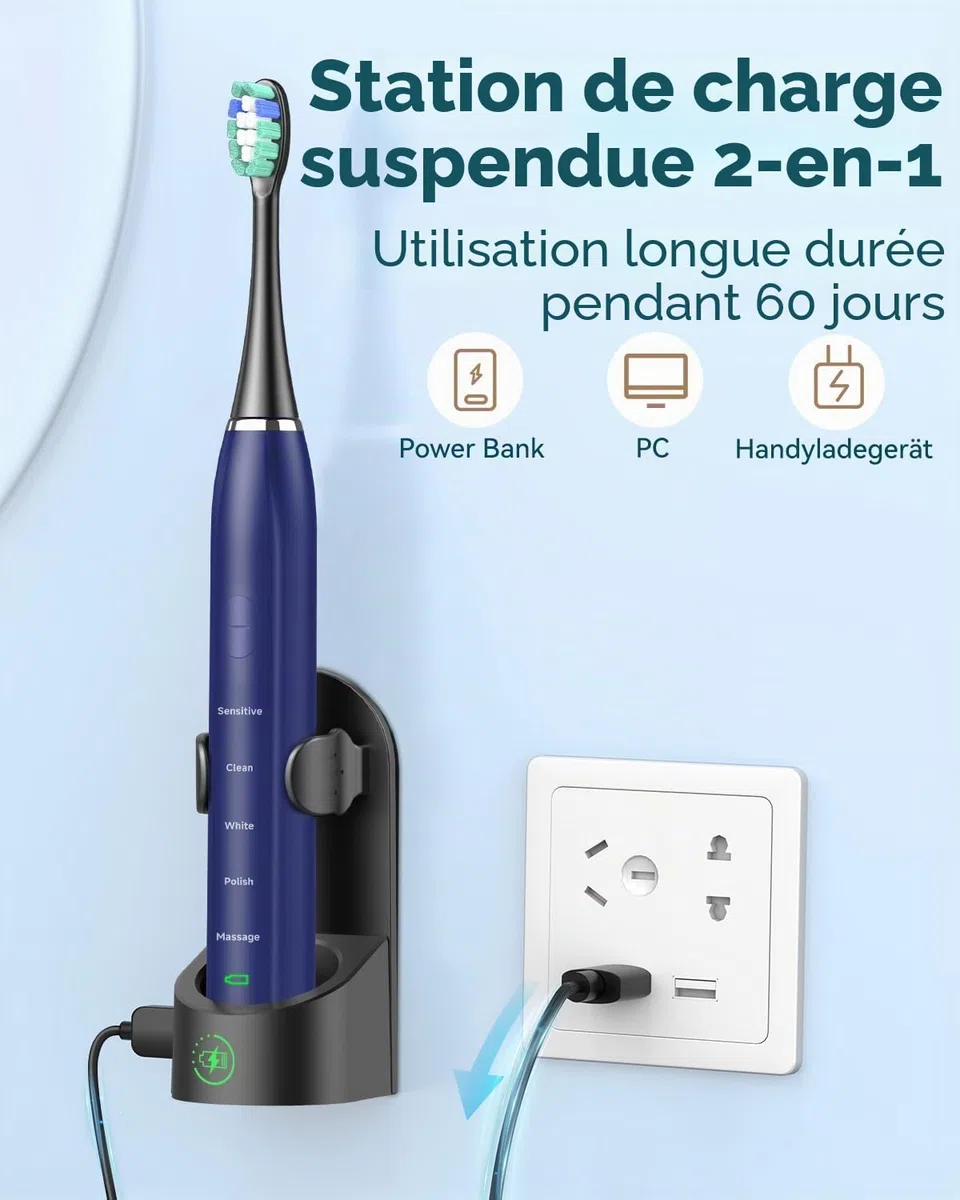 Brosse à dents électrique sonique pour adulte - Brosse à dents électrique à ultrasons avec étui de voyage et station de charge - Avec 8 têtes de brosse, 5 modes de brossage - 40 000 VPM