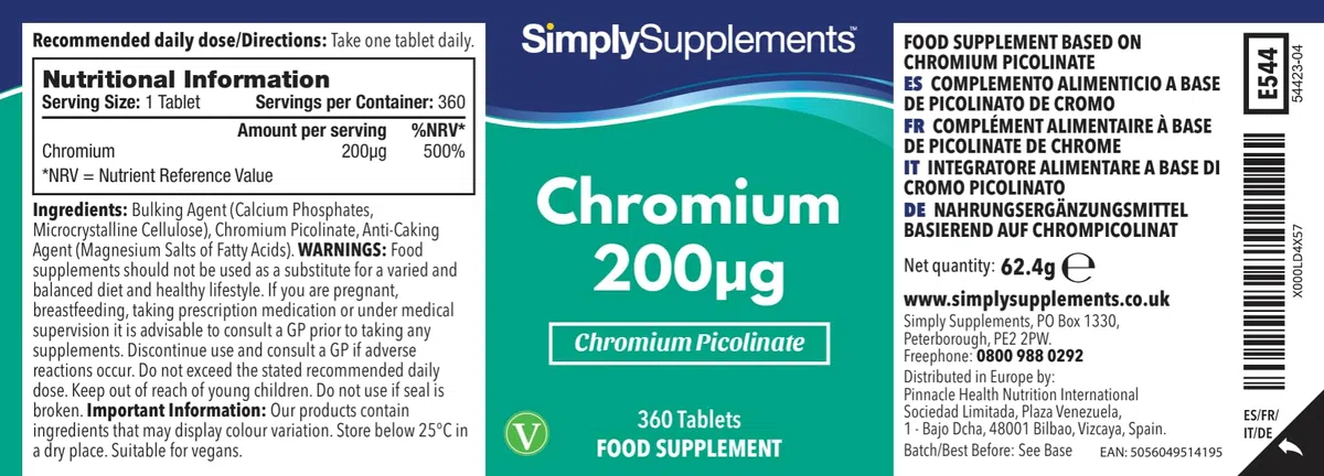 Chrome 200µg - 360 Comprimés - Jusqu’à 1 an de Bienfaits - SimplySupplements
