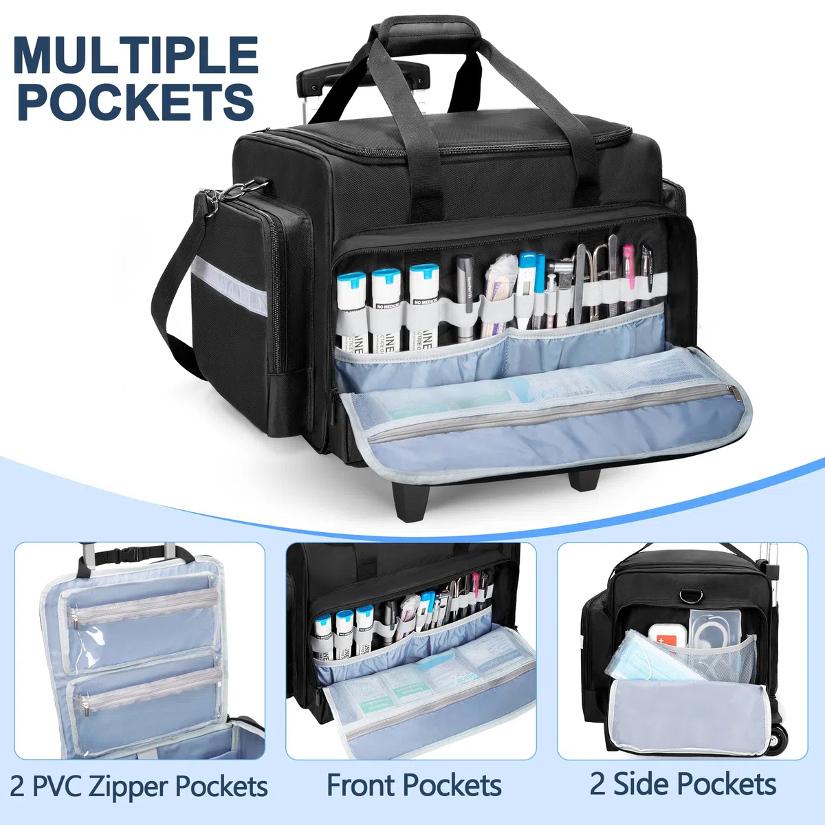 Damero Trousse de Secours Vide avec Chariot Amovible, Sac Médical à roulettes avec Séparateurs Amovibles, kit de Sauvetage d'urgence pour pour Médecins, Professionnels EMS, Noir