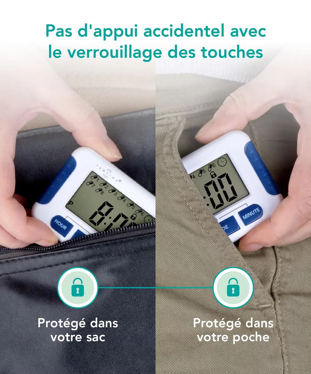 TabTime Timer (mode d'emploi en Français), Multi-alarmes de rappel à medicaments, jusqu'à 8 alarmes journalières, outil indispensable pour les personnes atteintes de Parkinson