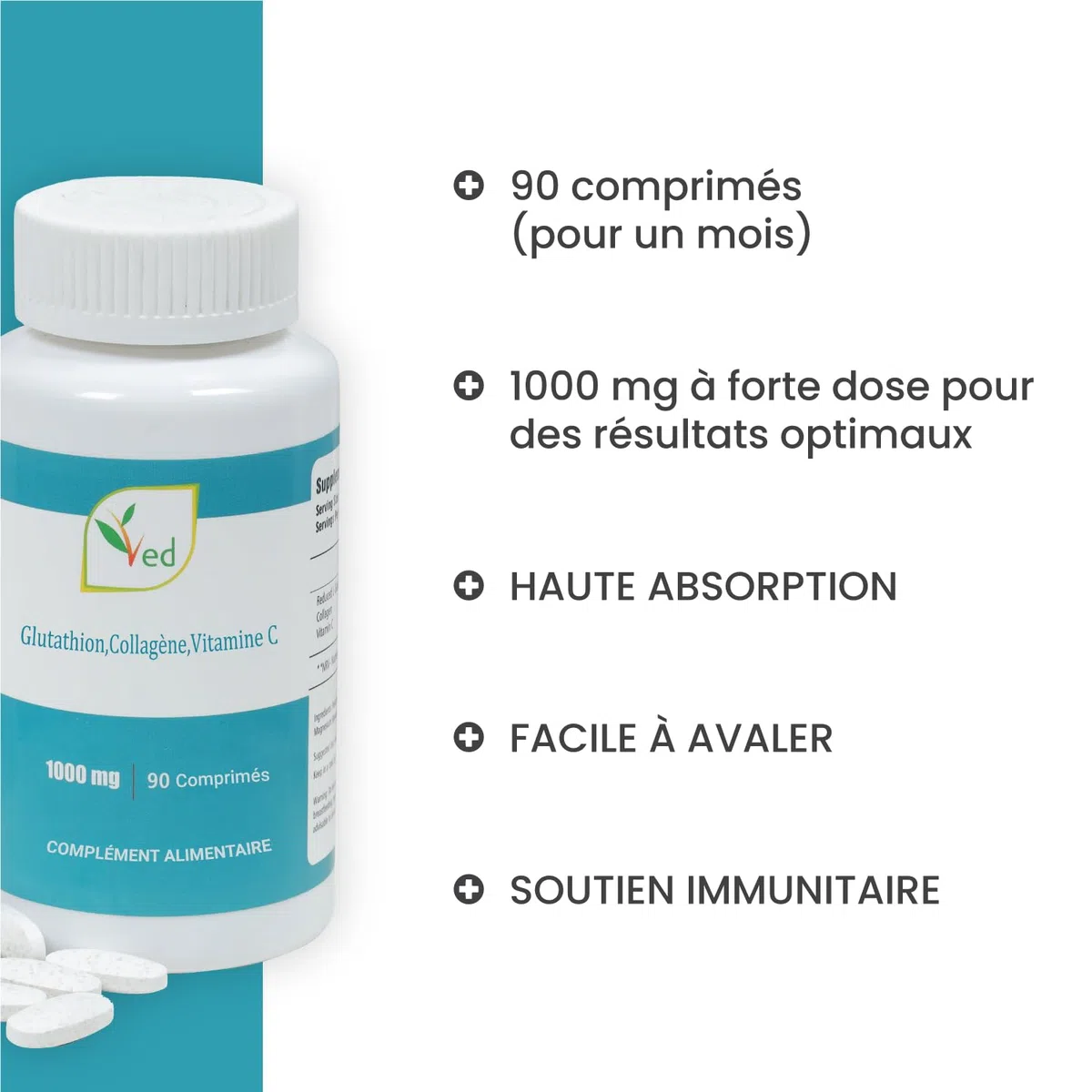 VED L-Glutathion réduit, Collage, Comprimés de vitamine C | 1000 mg x 90 comprimés