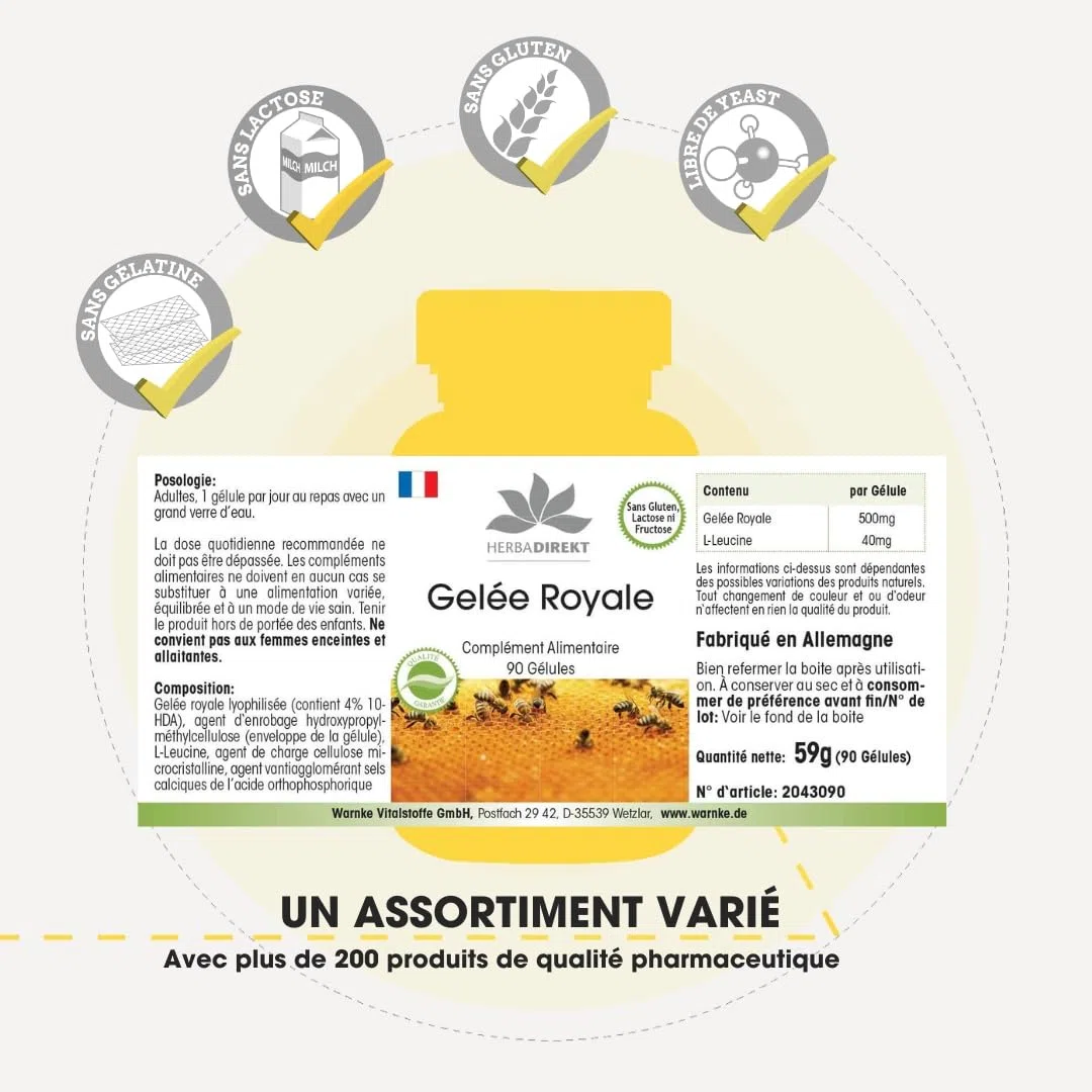 Gelée Royale 2000 mg - Extrait 4:1 500 mg - 90 gélules | Herba Direkt - Qualité des pharmacies allemandes