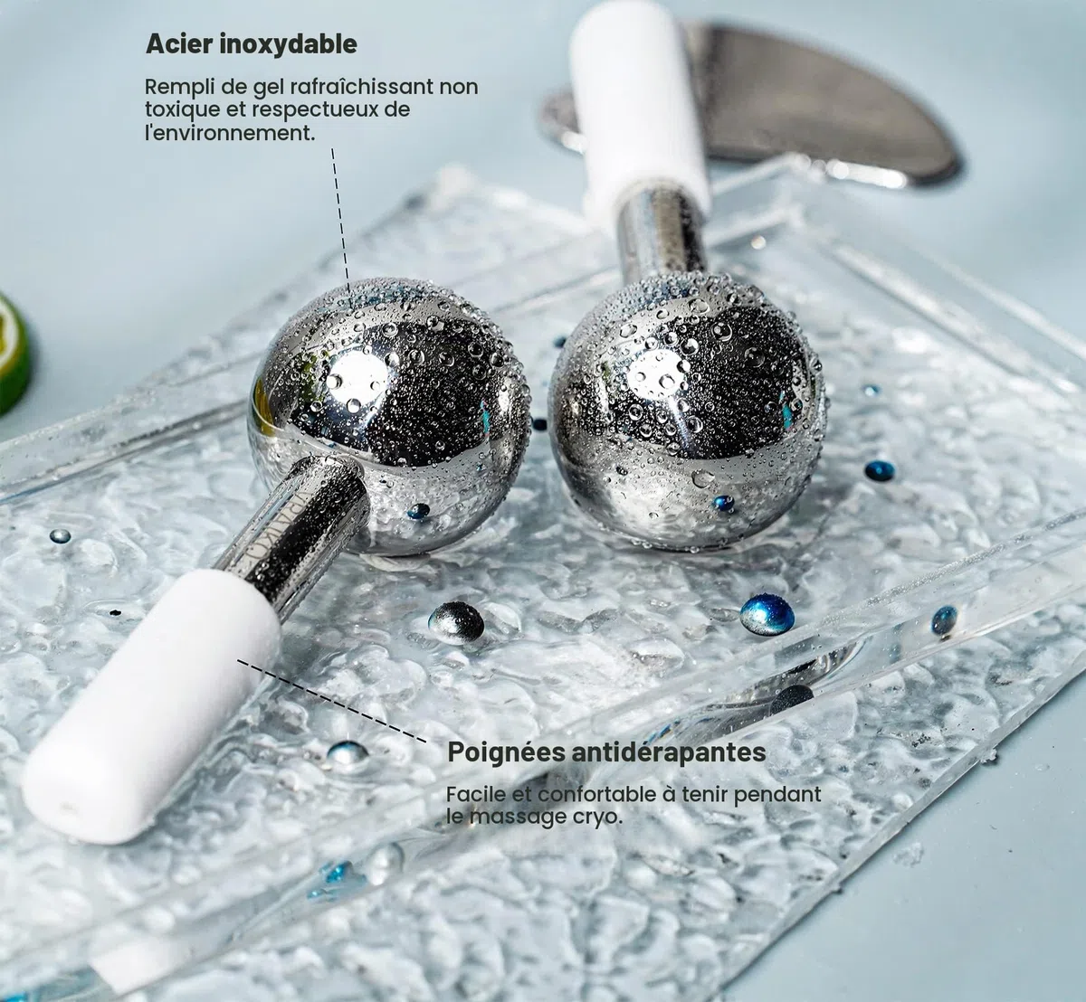 VRAIKO Ice Globes pour le visage et Gua Sha, outils pour le visage Gua Sha et bâtonnets de cryo avec acier incassable, rouleaux de refroidissement pour les cernes, les poches et le drainage (Blanc)