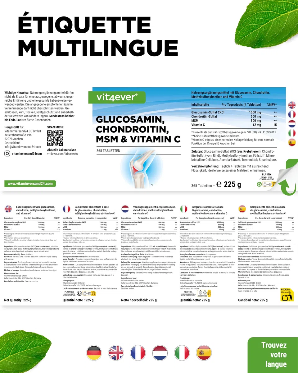 Glucosamine Chondroïtine MSM - 365 Comprimés - Hautement Dosé à 2000 mg par Jour - 3 Mois d'Approvisionnement - sans Additifs Indésirables | 1000 mg de glucosamine, 500 mg de chondroïtine, 500 mg de MSM, 99,9 % de pureté MSM