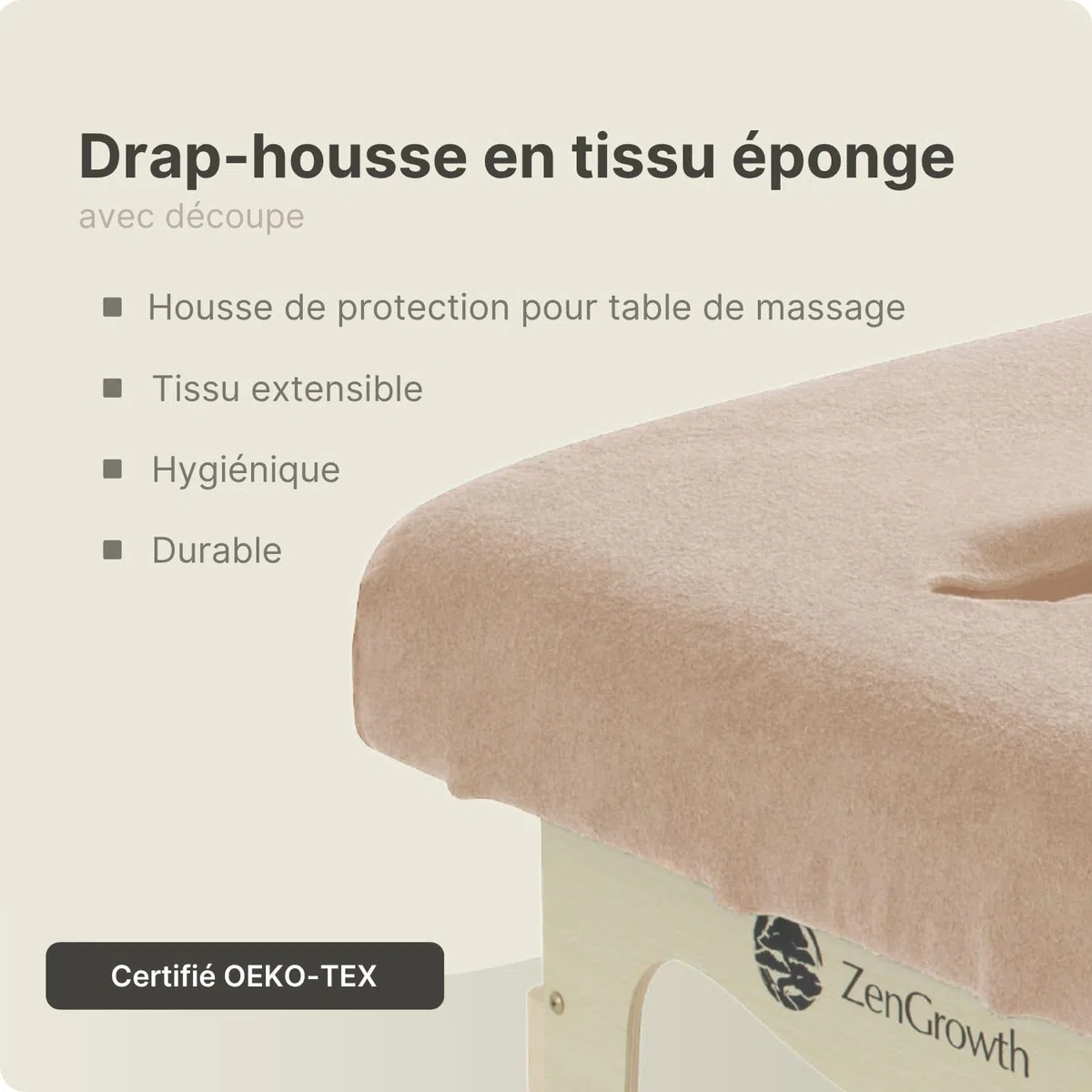 Housse pour table de massage avec trou visage Marron Clair | OEKO TEX 100 | 63cm x 71cm x 185cm - 192cm | Pour toutes tables de massage ou traitement