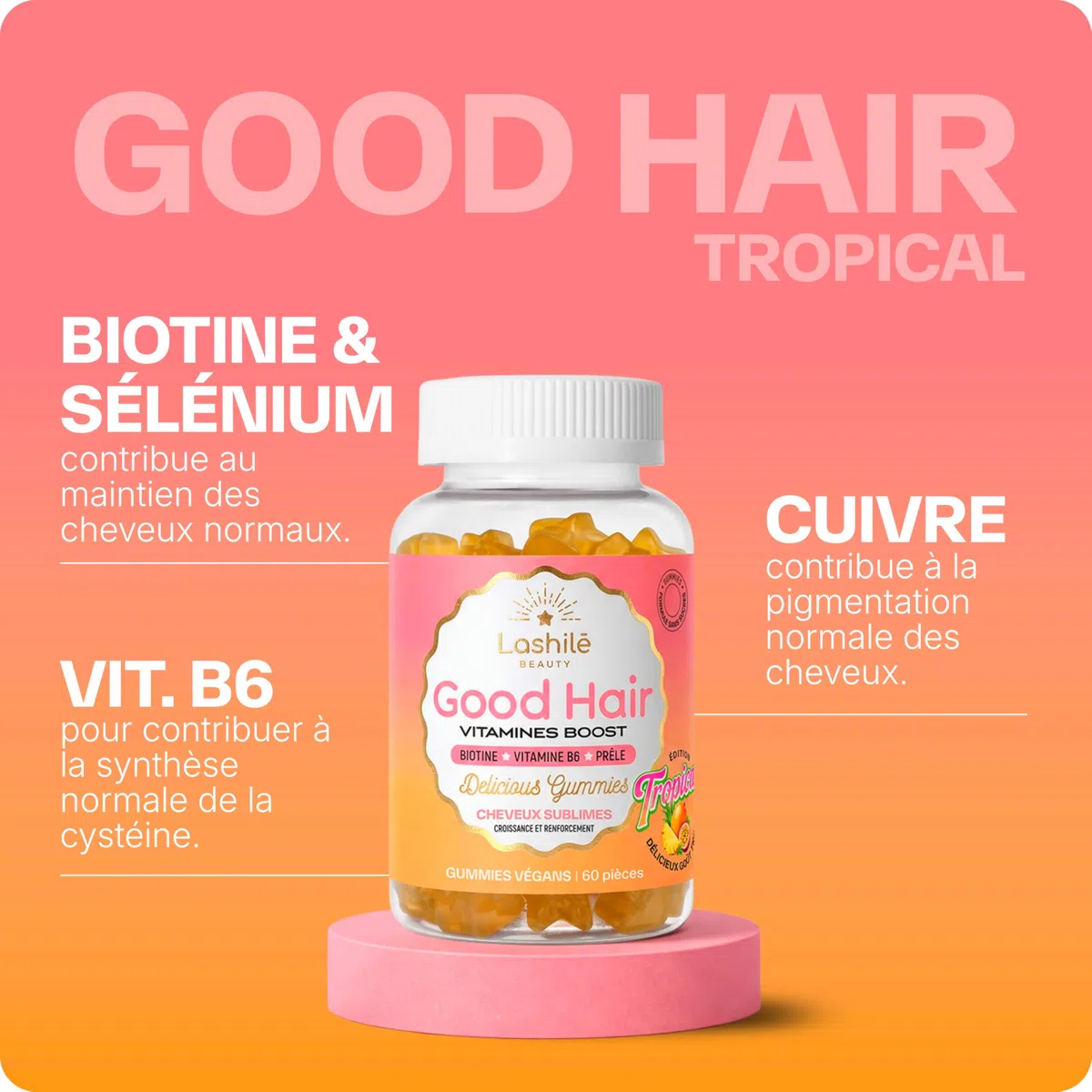 Lashilé Beauty - Gummies cheveux - Pousse accélèrée Croissance & Fortification des cheveux - Complément Alimentaire - Good Hair Summer - Biotine Zinc Vitamine B8 C - Cure 1 Mois 60 Gummies