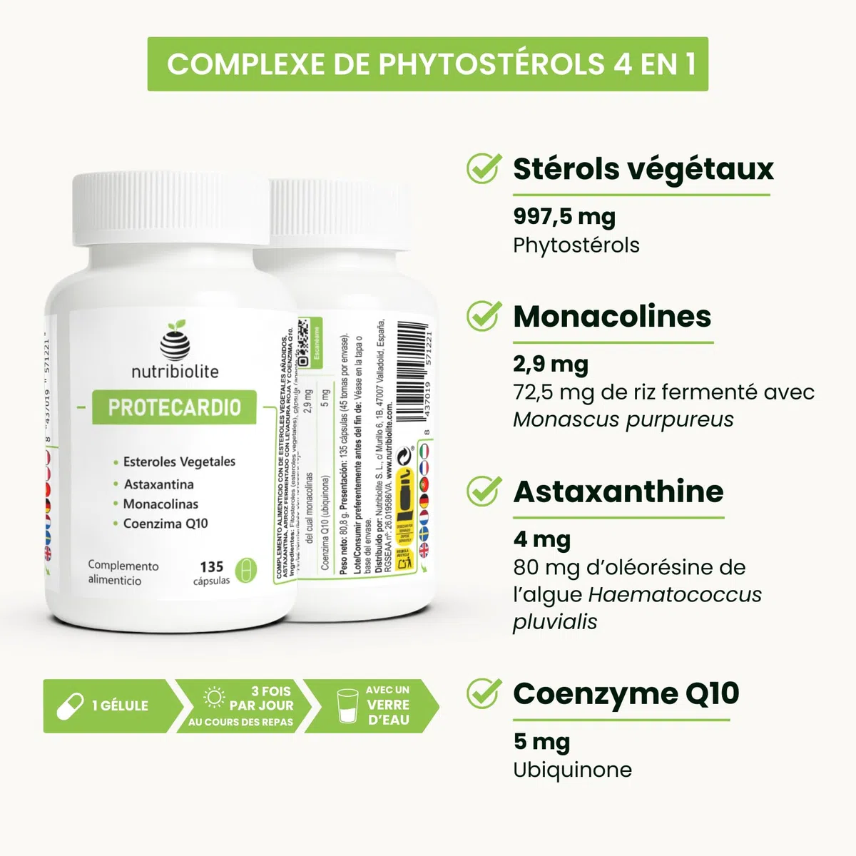 Stérols Végétaux (Phytostérols), Levure de Riz Rouge (Monacolines), Astaxanthine et Coenzyme Q10 – Cholestérol et Triglycérides – 135 gélules – Végan – Sans additifs | Protecardio Nutribiolite