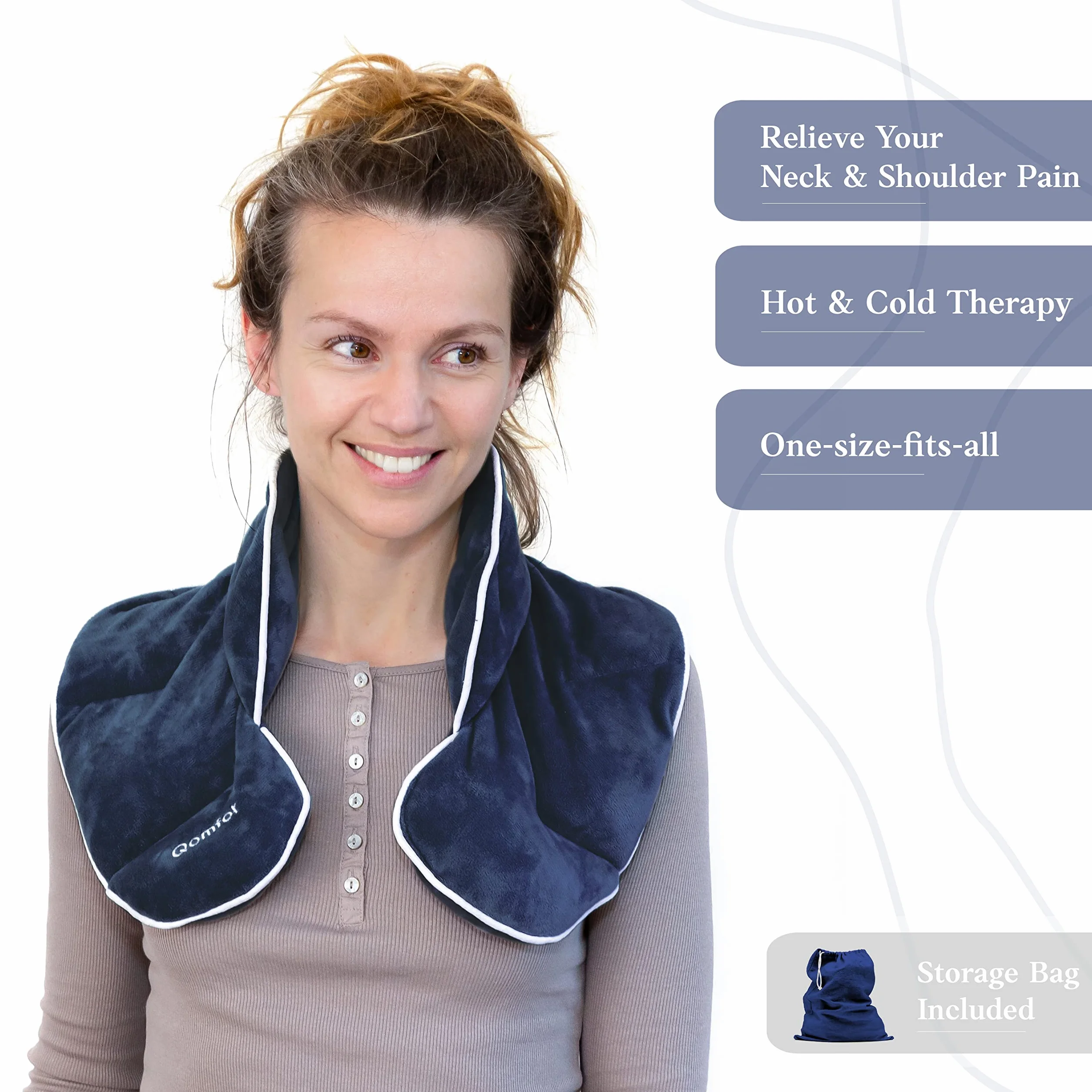 Qomfor - Coussin chauffant pour micro-ondes - Bleu foncé, parfum lavande - Couvre-nuque/épaules lesté de 1,5 kg - Thérapie par le chaud/le froid, soulagement de la douleur