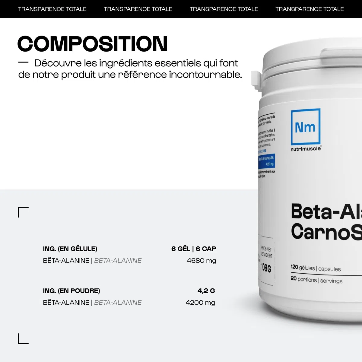 Nutrimuscle Bêta-Alanine Carnosyn 120 Gélules | 100% Pure - 4680 mg par dose - Booster Force et Endurance - Musculation et Fitness - Idéal en Pre Workout - Vegan