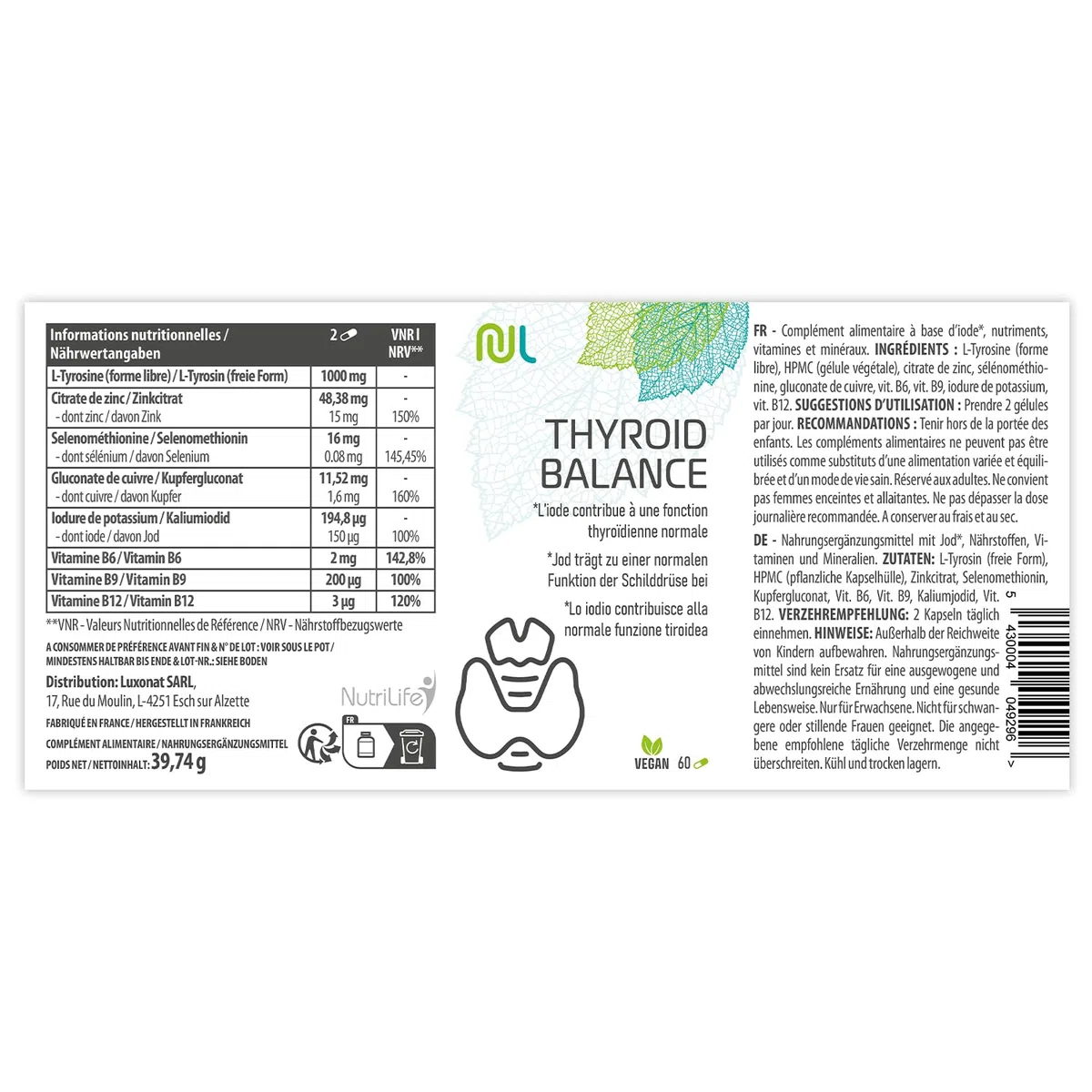 Thyroid Balance - 60 Gélules Végétales - Complément Thyroïde - Soutien Thyroïdien et Équilibre Hormonal - Enrichi en Iode, Sélénium, Zinc - Fabriqué en France - Sans Gluten ni Lactose - Nutri Life