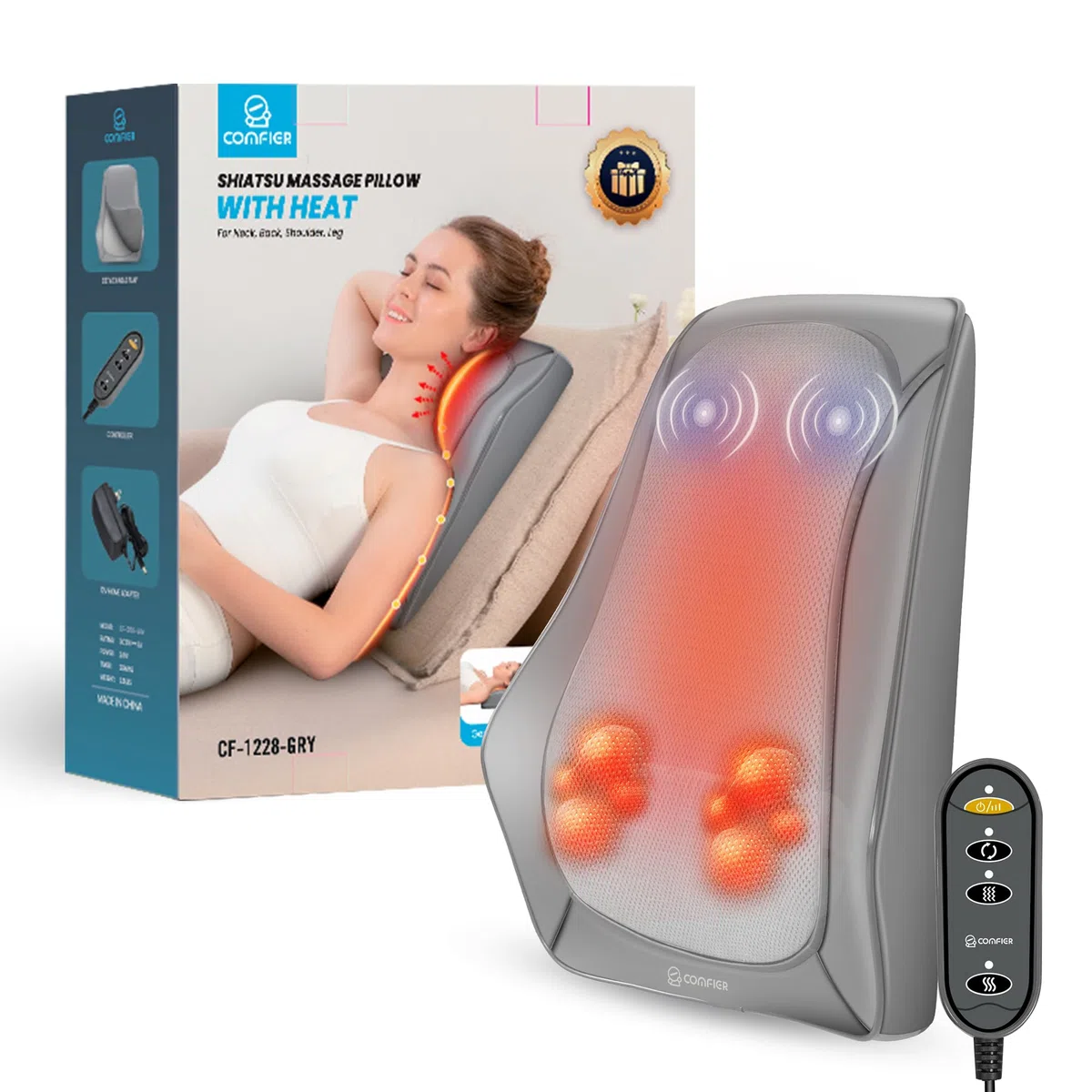 COMFIER Masseur Shiatsu pour le bas du dos pour la douleur, le cou et le dos avec chaleur, coussin de massage 4D pour femmes et hommes, masseur shiatsu des tissus profonds, cadeaux pour hommes
