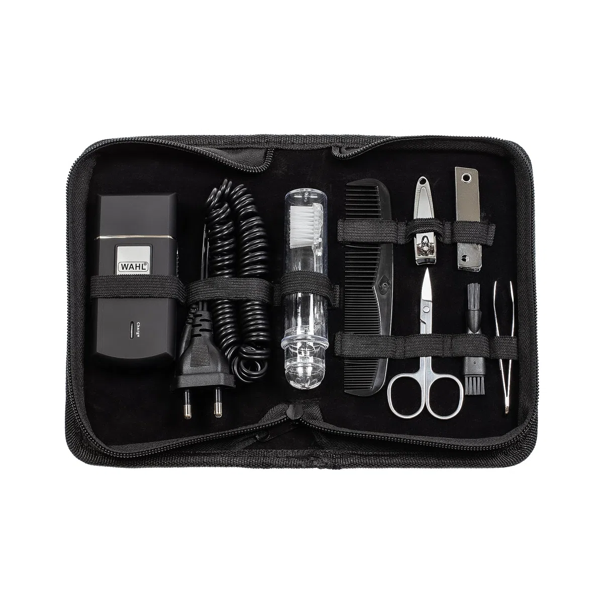 WAHL Travel Shaver Kit, rechargeable, grille de rasoir flexible, inclu une brosse à dents, une lime à ongles, coupe-ongles, une pince à épiler, un peigne, parfait pour le voyage, petit, étui de voyage