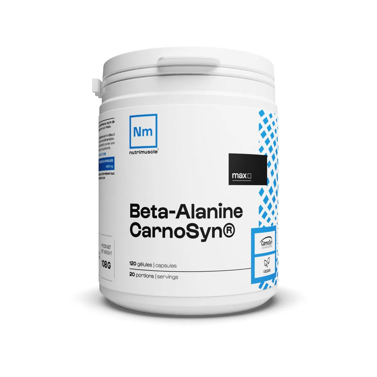 Nutrimuscle Bêta-Alanine Carnosyn 120 Gélules | 100% Pure - 4680 mg par dose - Booster Force et Endurance - Musculation et Fitness - Idéal en Pre Workout - Vegan