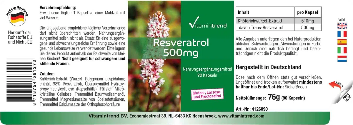 Vitamintrend Resvératrol 500 mg, 90 gélules d'extrait de renouée, hautement dosé, complément alimentaire végan sans stéarate de magnésium, fabriqué en Allemagne