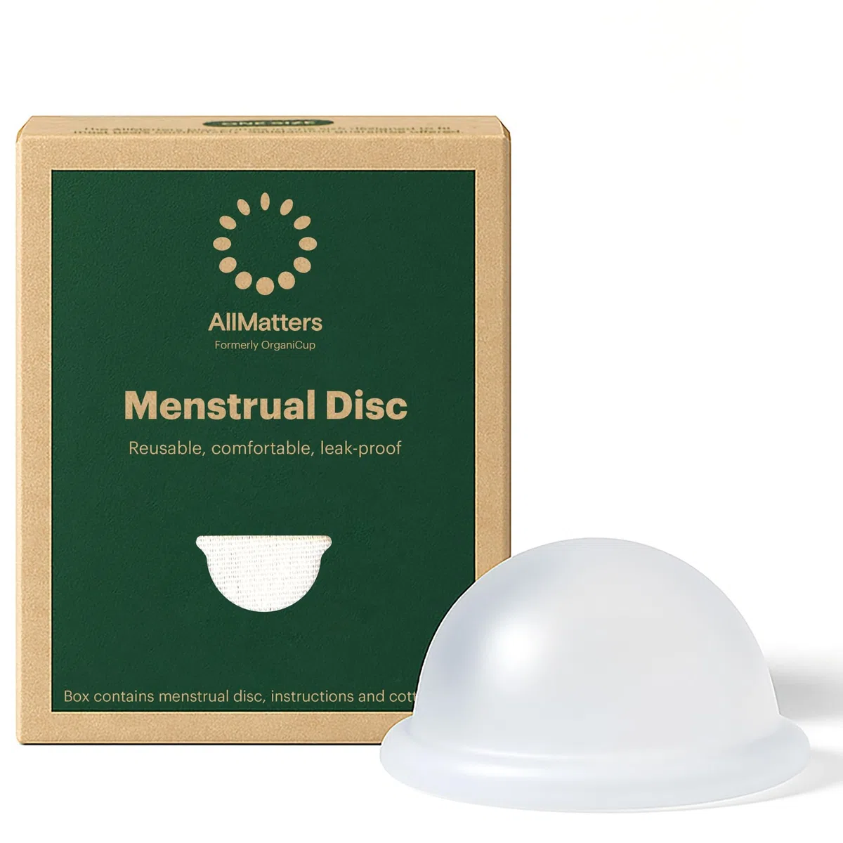 Disque menstruel AllMatters (anciennement Organicup). Une alternative réutilisable et confortable aux produits menstruels à usage unique. Peut contenir 6 tampons. 100% silicone de qualité médicale