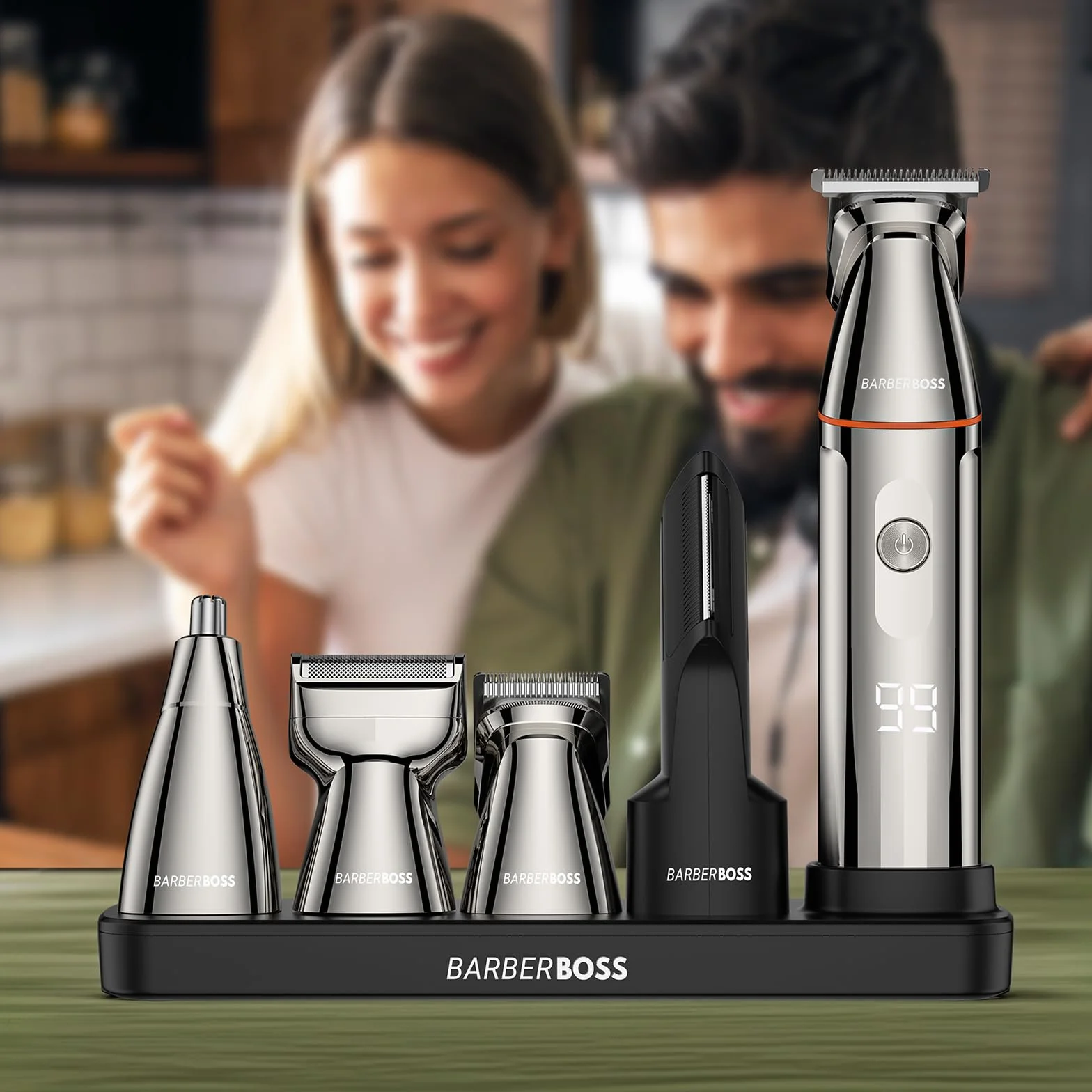BarberBoss Kit tondeuse à barbe sans fil pour homme, rasoir 5 en 1 avec tondeuse à cheveux, tondeuse nez, recharge USB-C et lames en acier inoxydable, toiletteur corporel