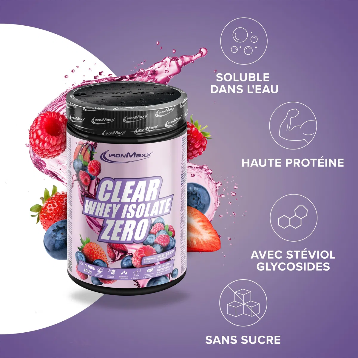 IronMaxx Clear Whey Isolate Zero - Wild Berry 400g | Whey Protein Isolate | Proteine Whey Sans Sucre | Clear Whey Boisson Protéinée | Shaker Proteine Zéro Sucre pour Musculation & Pre-Workout