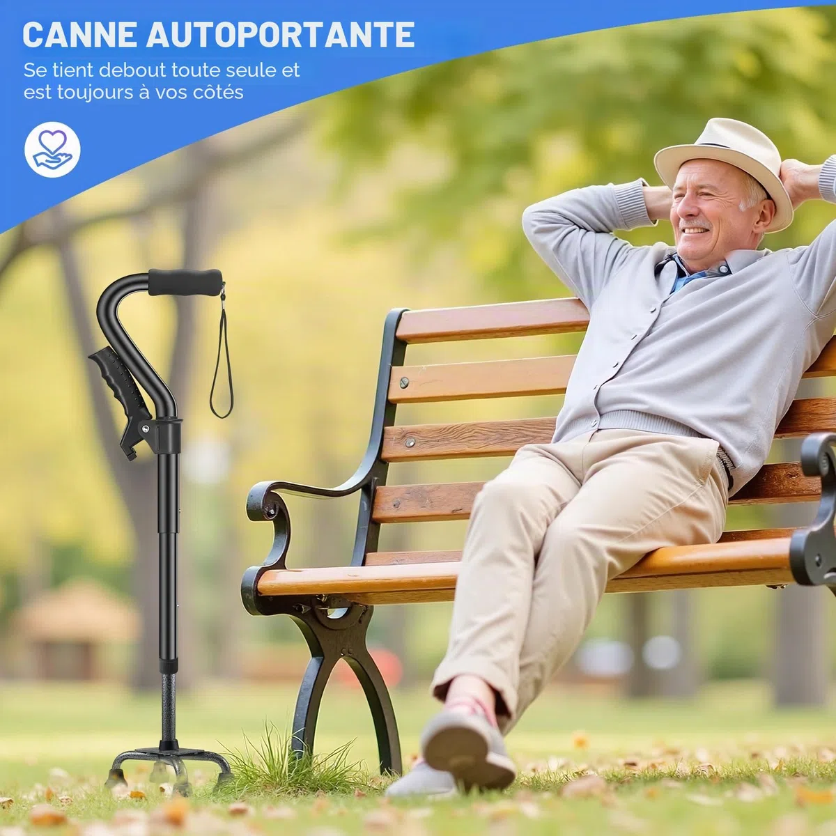 AearKing Canne de Marche, Canne de Marche Pliante avec Base Quadruple, Cannes de Marche pour Homme et Femme avec Double Poignée pour Adultes, Bâton de Marche Réglable en Hauteur