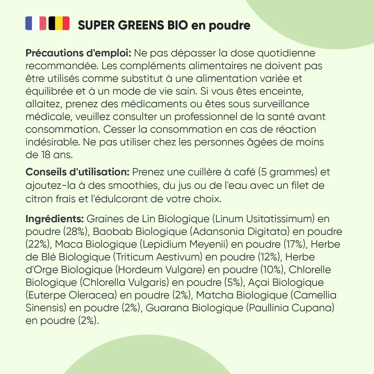 Super Green Poudre Bio 200g 40 Portions 9 Superfood Greens, Matcha Bio, Poudre de Maca, Guarana, Chlorella Bio, Baobab, Herbe de Blé, Acai, Orge, Graines de Lin Bio, Source de Vitamines & Minéraux