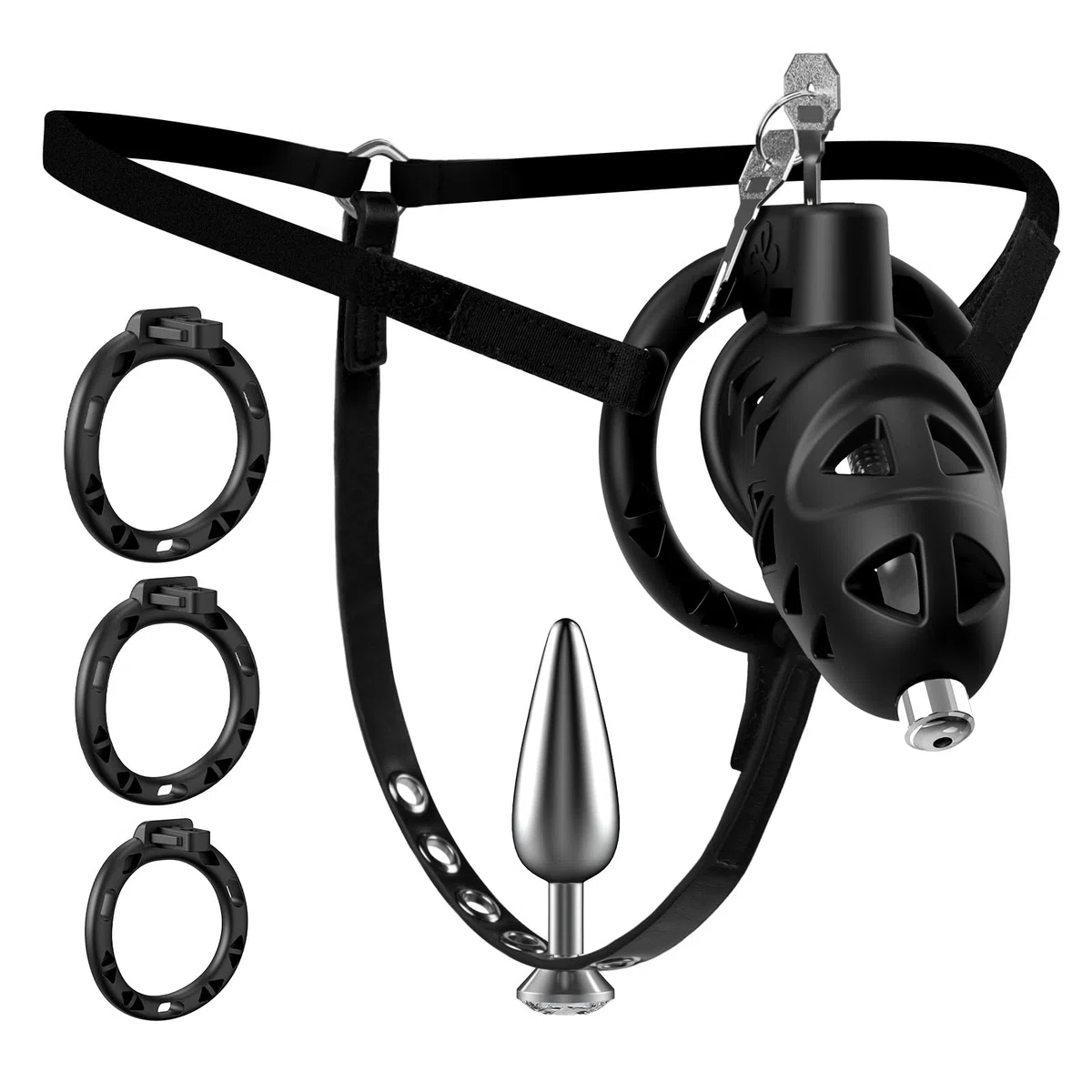Sex Toýs Homme Couple Cage de Chasteté Pénis avec Chastity Cage Plug,Harnais Réglable et Ceinture de Chasteté avec Anneaux de 3 Tailles avec Accessoires de bondage BDSM