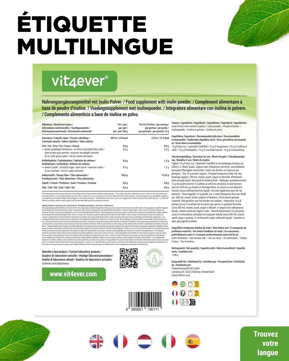 vit4ever Poudre d’Inuline Prébiotique - 1100 g (1,1 kg) - Haute Teneur en Fibres - Prébiotique - Contrôlé pour les Résidus - Origine Europe - Naturellement Issue de la Racine de Chicorée - 100% Végan