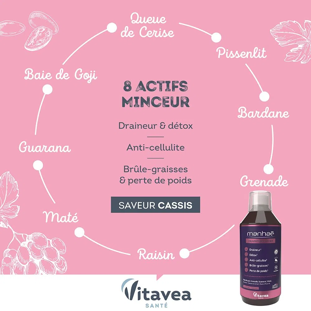 Manhaé - Draineur Expert - Draineur, Détox, Perte de Poids - Guarana, Baie de Goji, Grenade, Bardane, Queue de Cerise - 500ml - 10 jours - Saveur Cassis - Fabriqué en France - Vitavea (Lot de 2)